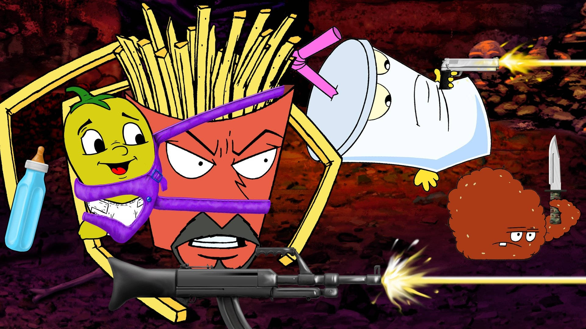 《Aqua Teen Hunger Force》動畫戰鬥場景 壁紙 — 卡通食物角色在黑暗火熱的場景中用武器戰鬥。