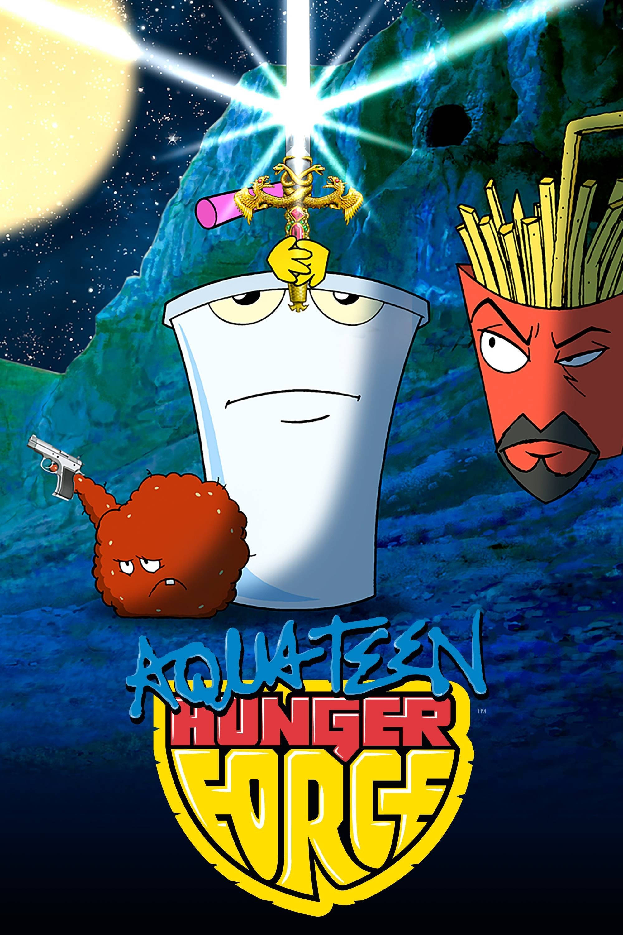 Aqua Teen Hunger Force 雷電劍 壁紙 — 卡通角色，包括一個杯頭角色手持發光劍，站在有巨大月亮的星空夜空前。