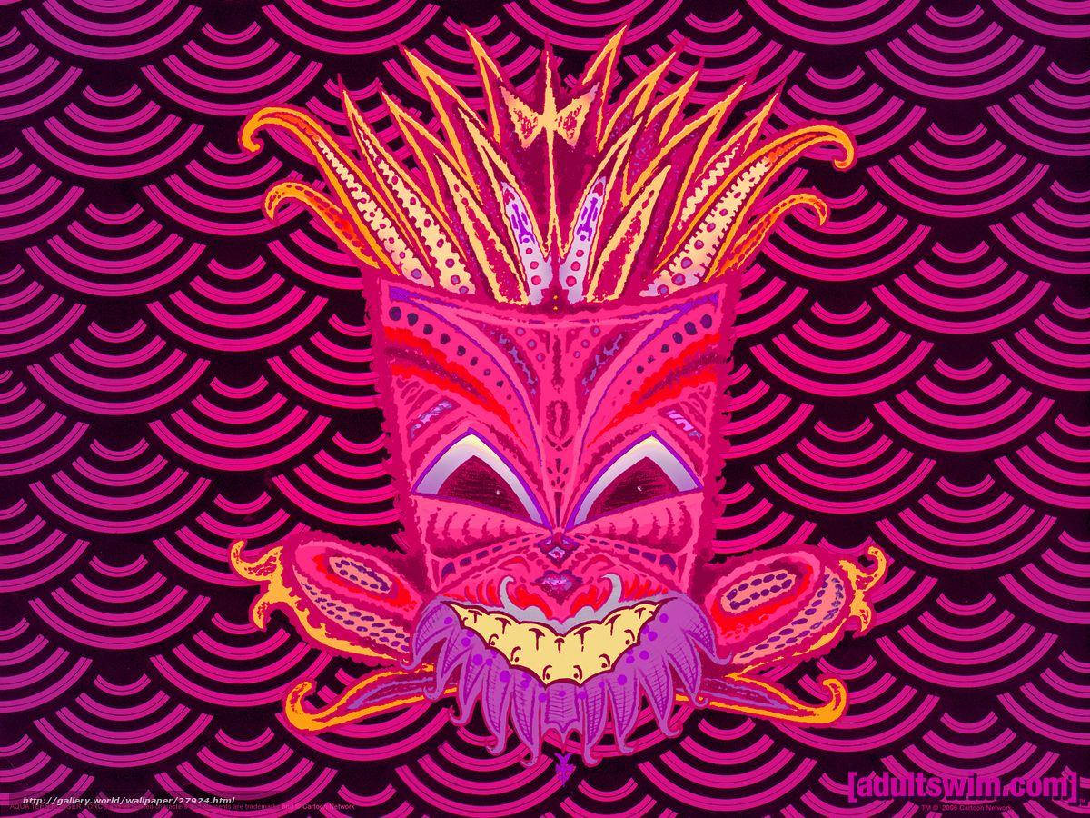 Aqua Teen Hunger Force 迷幻 Frylock 壁紙 — 鮮豔的風格化面具，帶有尖刺頭飾和華麗圖案，置於大膽的粉紅色波浪背景上。