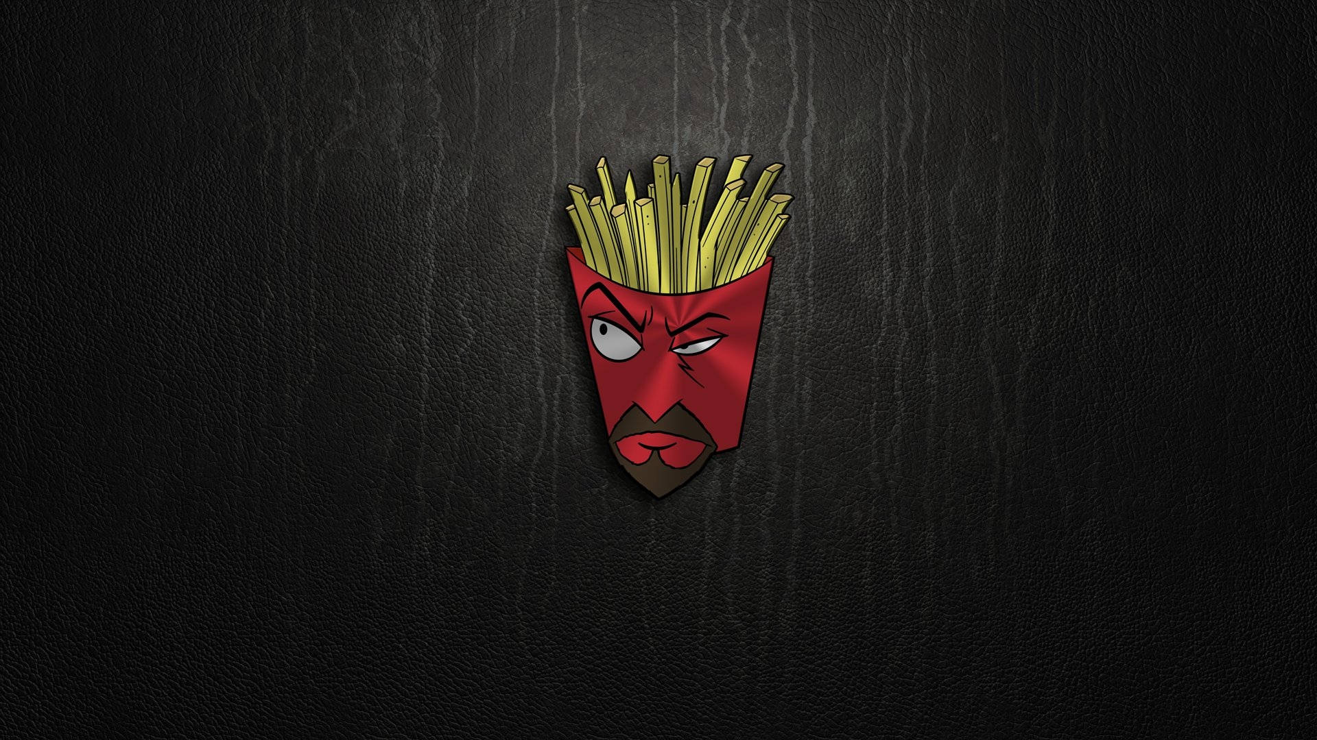 《Aqua Teen Hunger Force》主角Frylock 壁紙 — 一個憤怒的卡通薯條臉，有鬍子和瞇起的眼睛，坐在一個紅色容器中，背景是深色紋理。