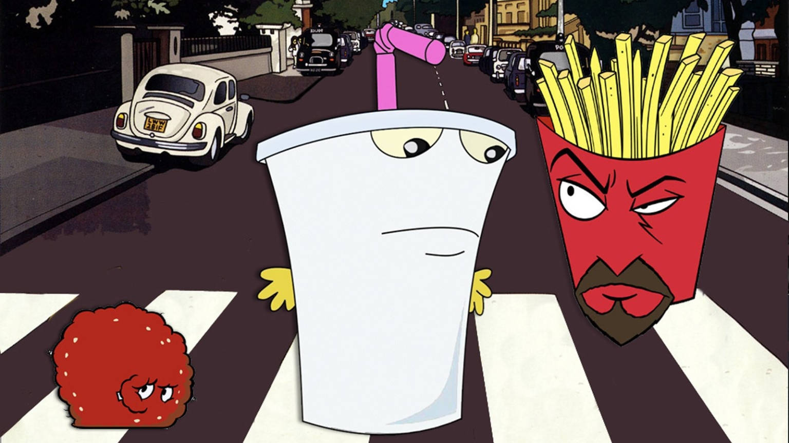 《Aqua Teen Hunger Force》三人過馬路 壁紙 — 卡通食物角色在斑馬線過馬路，背景有一輛復古車。