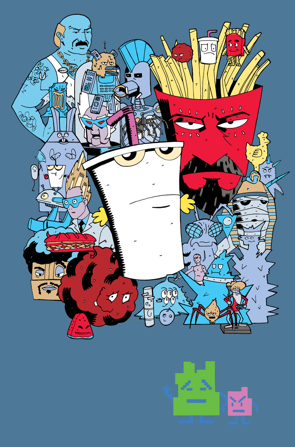 Aqua Teen Hunger Force 角色藝術 壁紙 — 一個混亂的卡通拼貼畫，描繪了擬人化的快餐食品和古怪的角色，背景為純藍色。