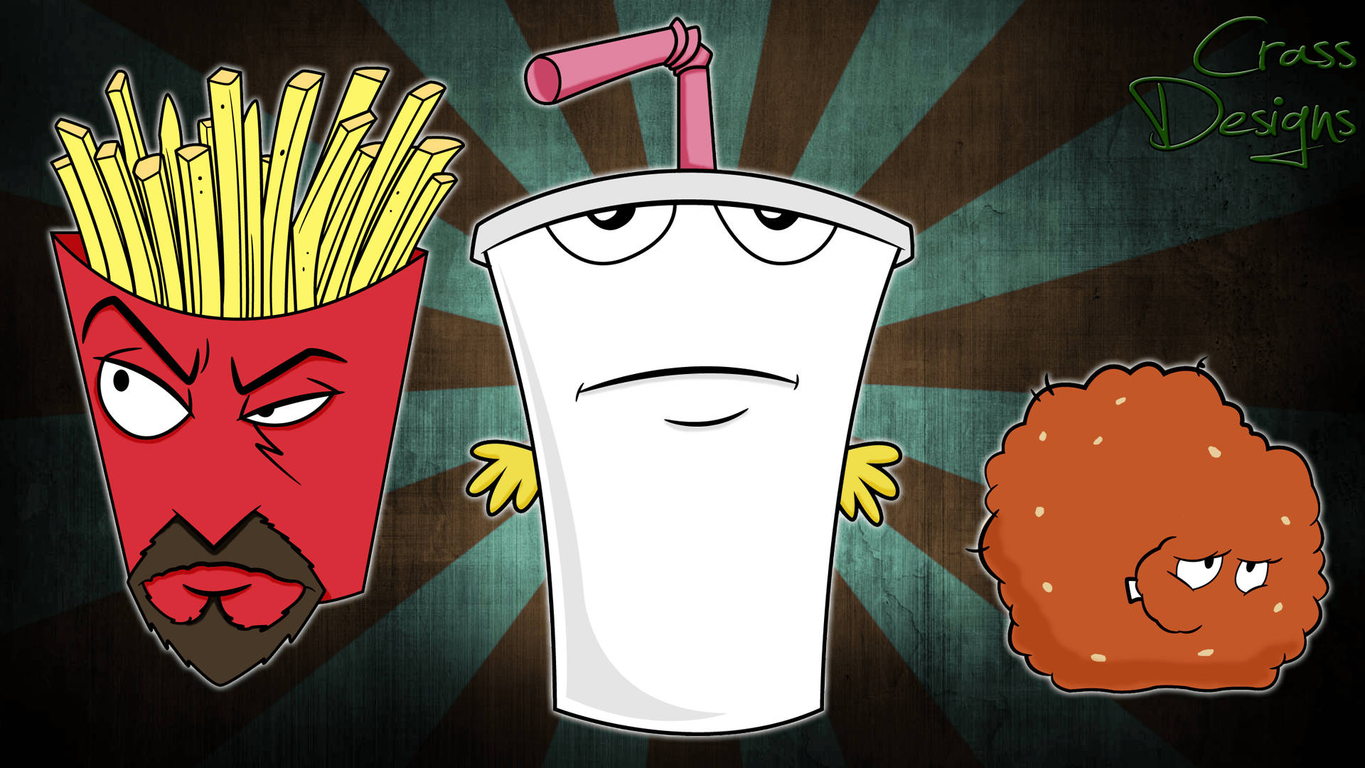 《Aqua Teen Hunger Force》動畫系列主要角色 壁紙 — 三個卡通快餐物品，帶有憤怒的表情：一個薯條盒、一個汽水杯和一個肉丸架，背景為深色放射狀。