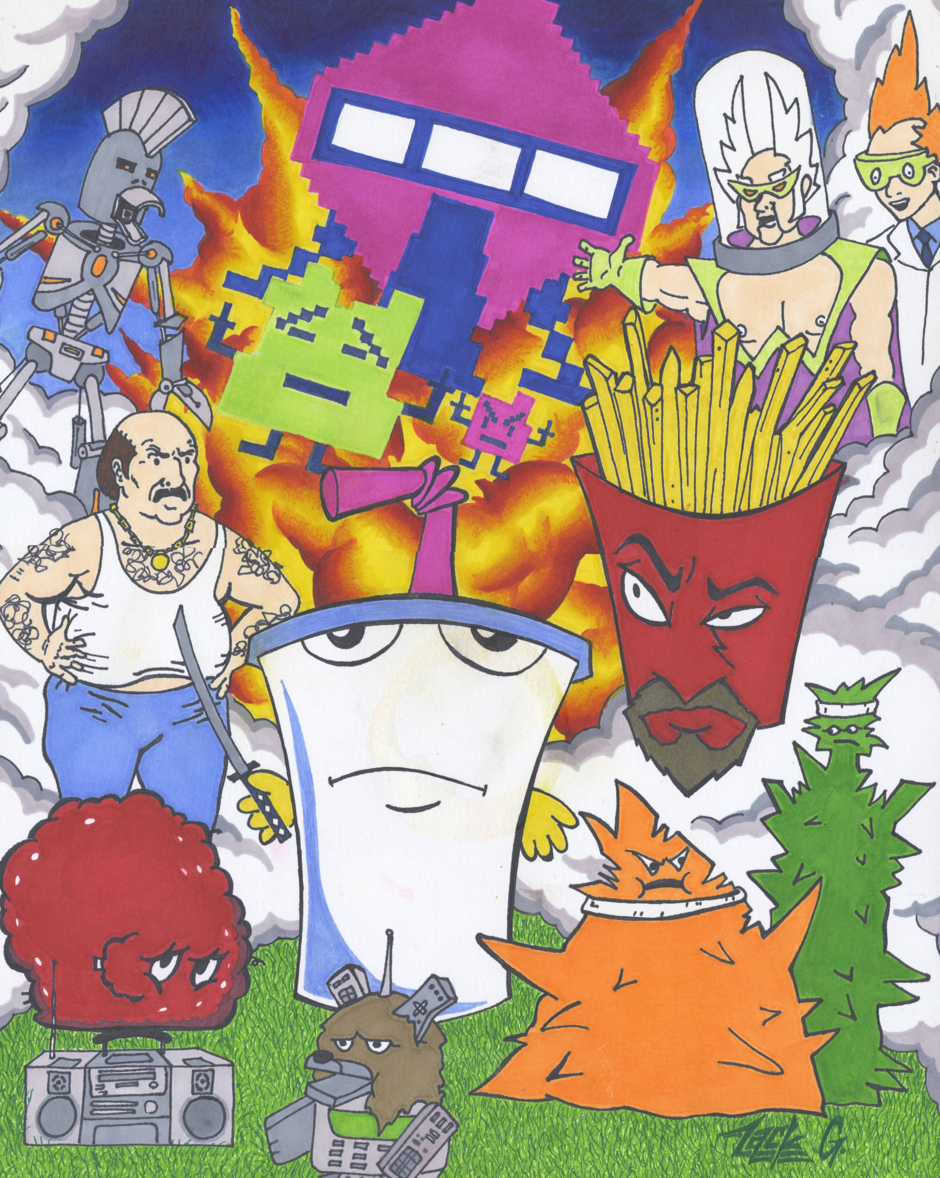 《Aqua Teen Hunger Force》角色群像 壁紙 — 一個混亂的卡通拼貼畫，描繪流行文化圖標和像素怪物從藍天背景下的猛烈爆炸中噴湧而出。