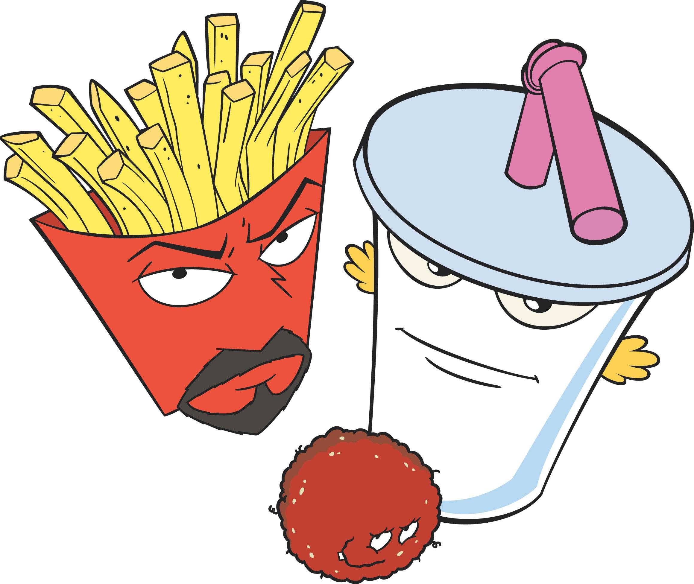 Aqua Teen Hunger Force 快餐角色 壁紙 — 卡通薯條在紅色盒子裡怒視著一個微笑的飲料杯，杯上有粉紅色吸管和一個表情不悅的紅色肉丸。