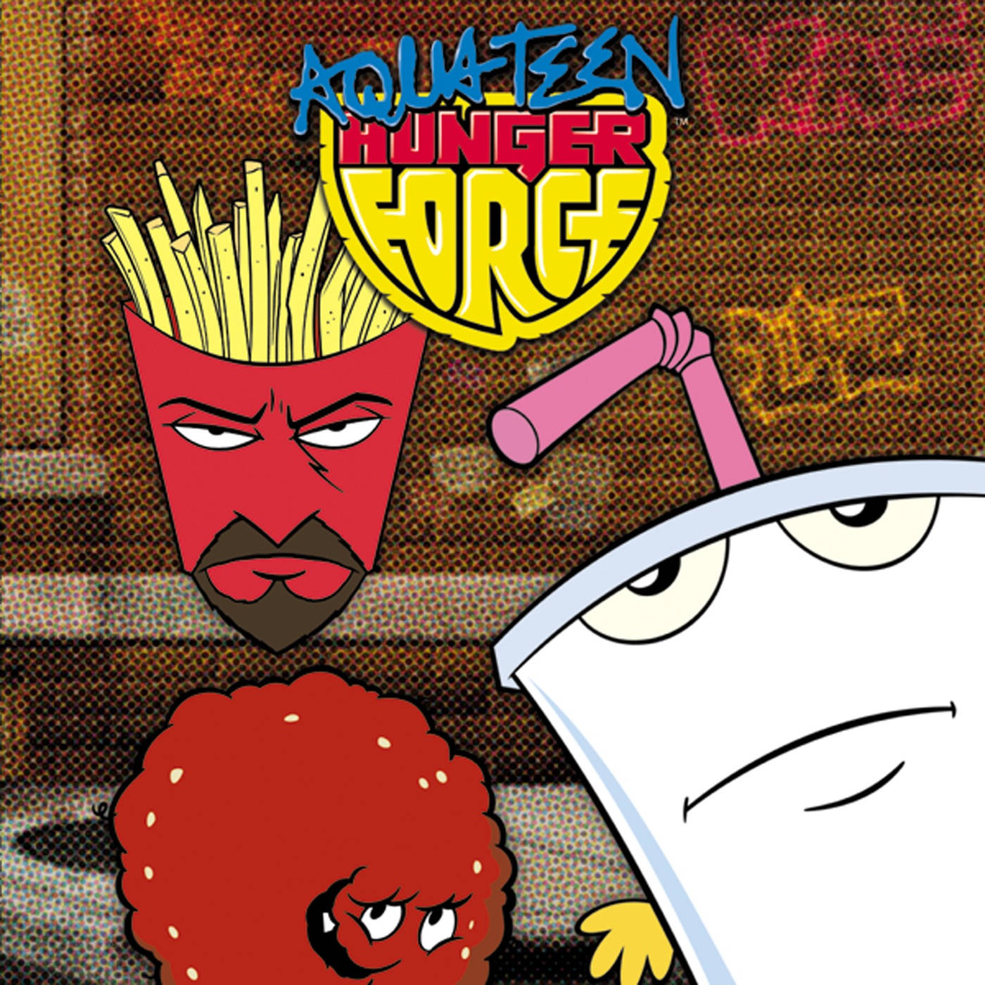 《Aqua Teen Hunger Force》無敵三人組 壁紙 — 三個來自《Aqua Teen Hunger Force》的卡通食物角色，對著粗糙的塗鴉牆凝視。