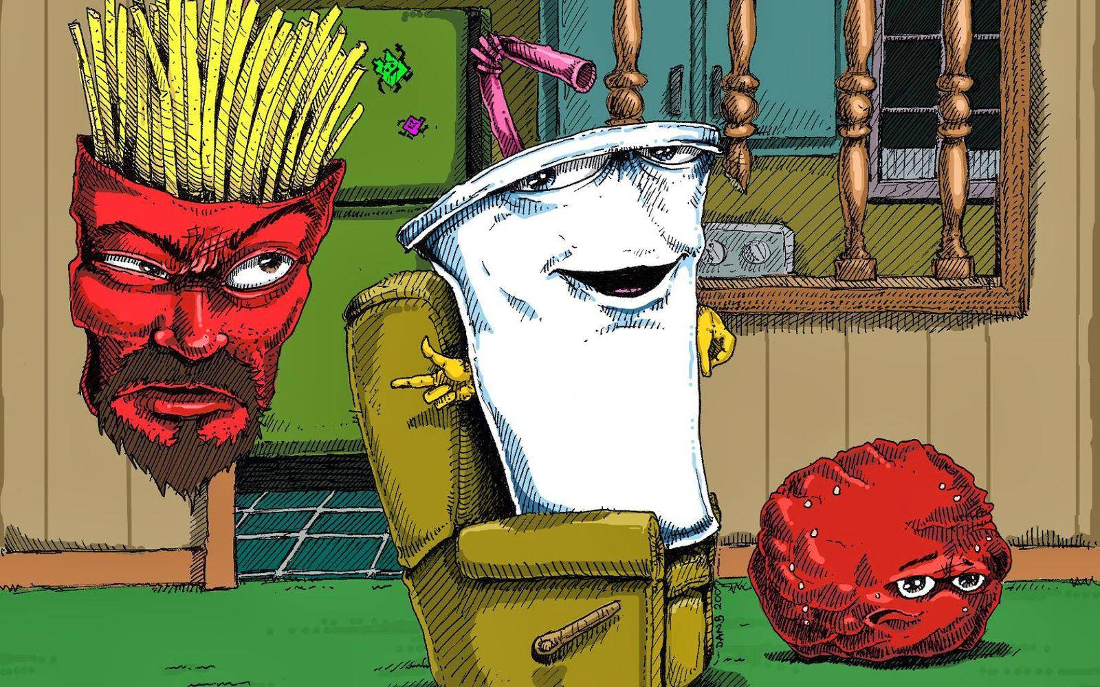 Aqua Teen Hunger Force 灰暗風格 壁紙 — 一個卡通風格的紅色魔鬼，頭髮是薯條，坐在一個微笑的杯子角色旁邊，杯子角色懶洋洋地躺在椅子上，而一個紅色團塊生物在旁觀看。