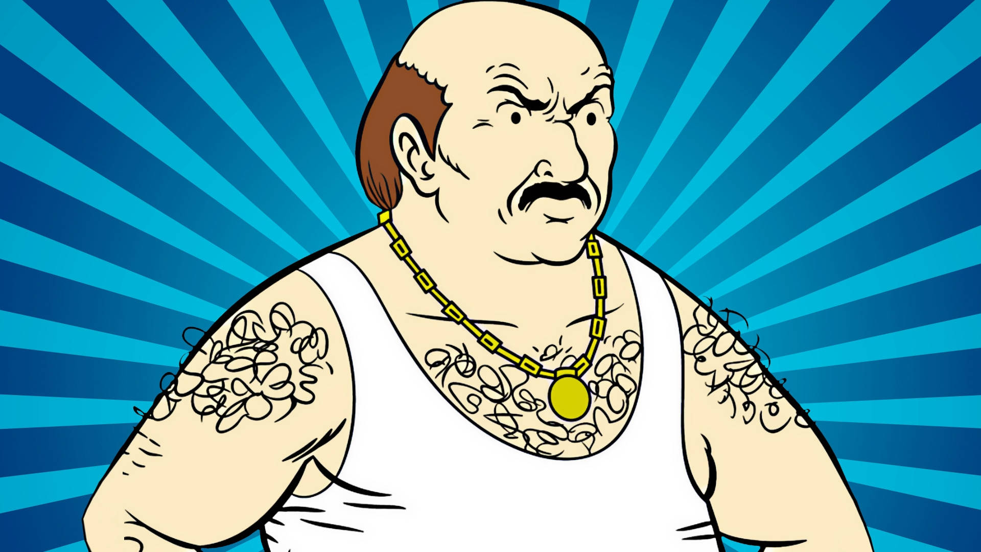 《Aqua Teen Hunger Force》角色Carl Brutananadilewski對著天空背景 壁紙 — 一個光頭卡通男人，有鬍子和紋身，戴著金鏈，背景是藍色放射狀。