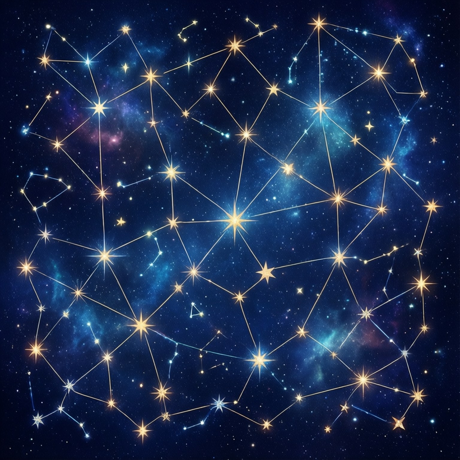一個繁星點點的夜空，發光的星星由線條連接形成星座，背景是藍色星雲。