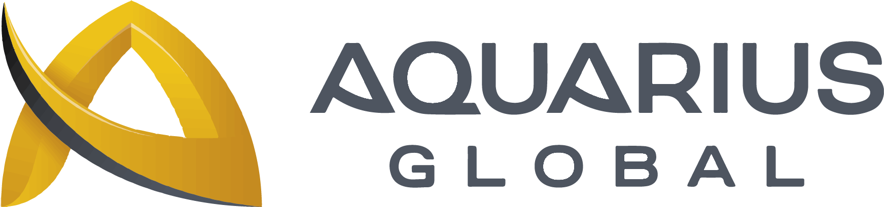 Aquarius Global標誌 壁紙 — Aquarius Global 的時尚金色和灰色抽象標誌，在乾淨的白色背景上採用粗體無襯線字體。