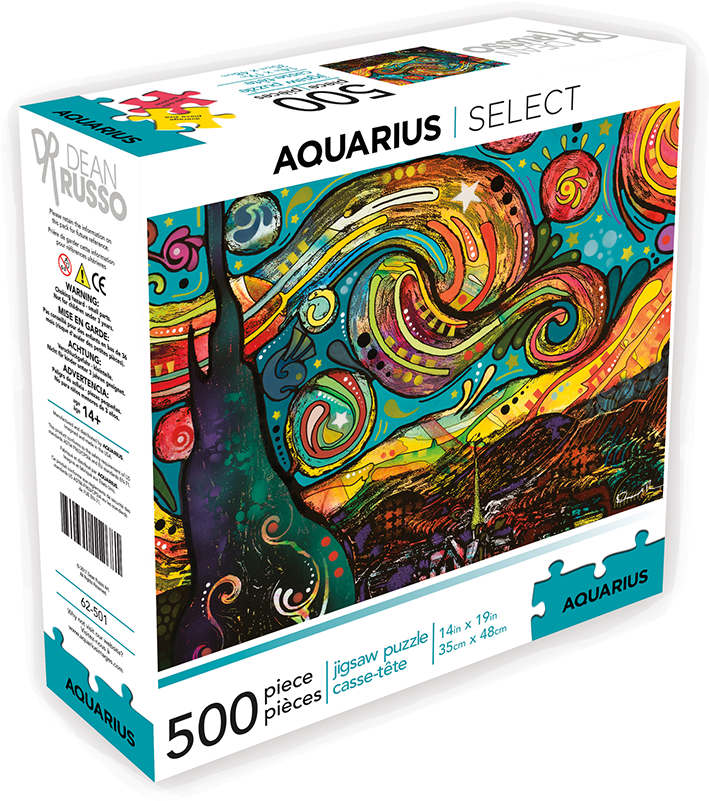 Aquarius Select Dean Russo 拼圖盒 壁紙 — 充滿活力的漩渦迷幻藝術作品，帶有宇宙圖案和風格化的樹木，映襯著色彩繽紛的抽象風景。