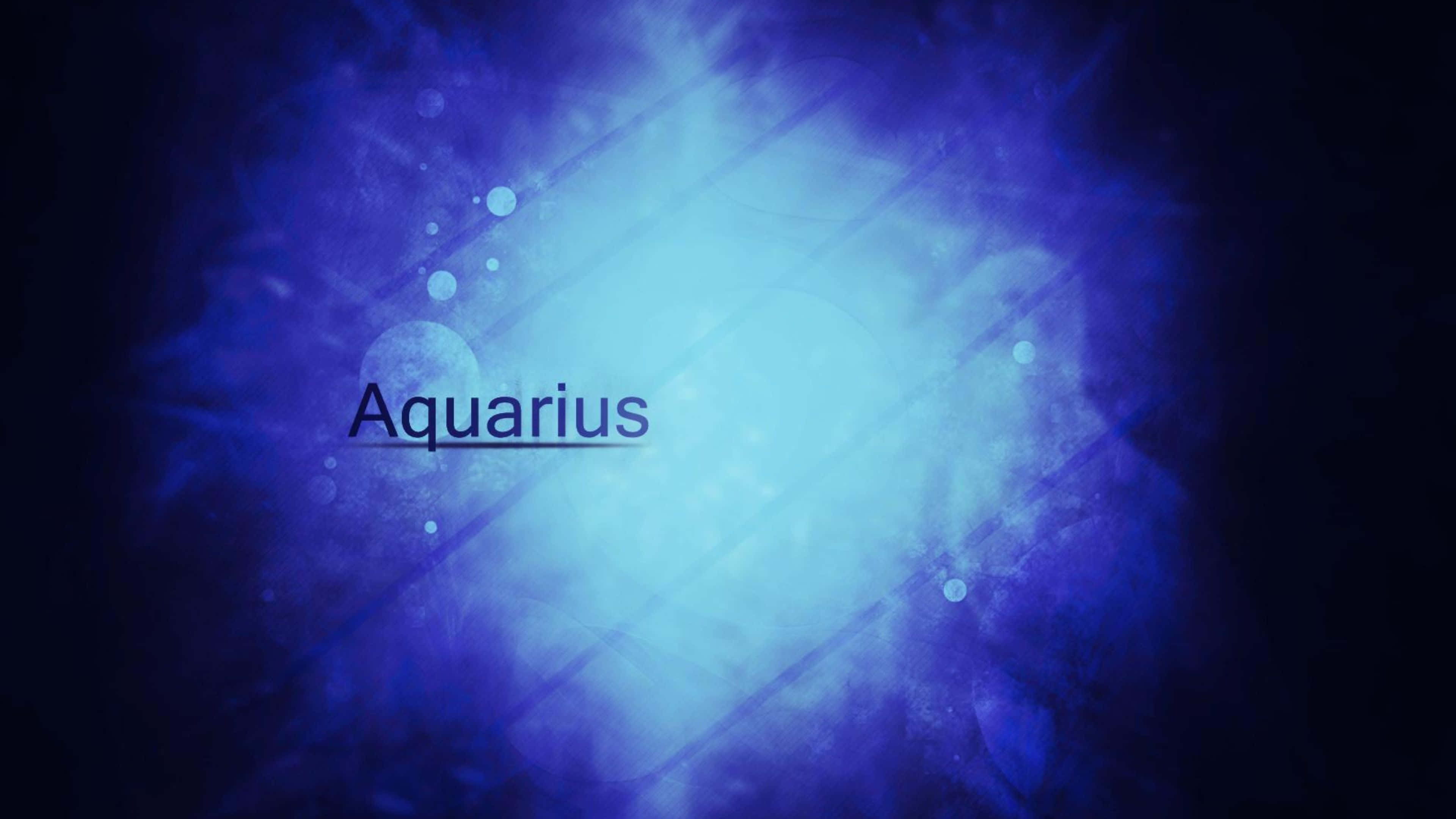 aquarius 桌布 壁紙 — 「Aquarius」一詞在深藍色宇宙迷霧中發光，伴隨著漂浮的球體和耀眼的光線。