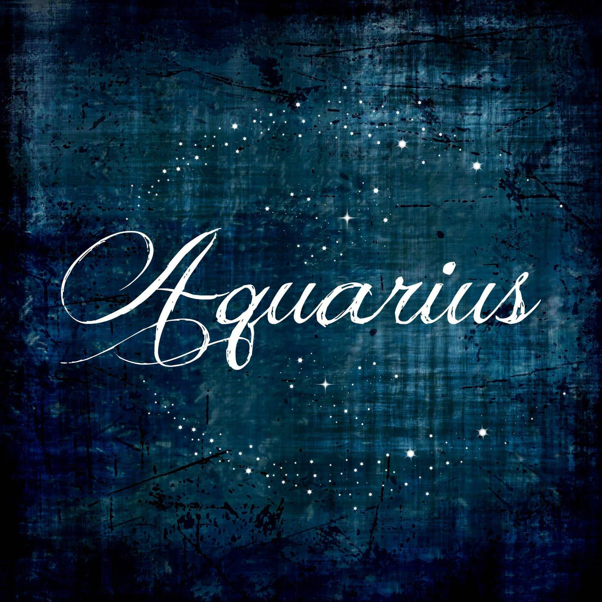 星座 桌布 壁紙 — 「Aquarius」這個詞以優雅的白色字體在帶有紋理的深藍色星空背景上發光。