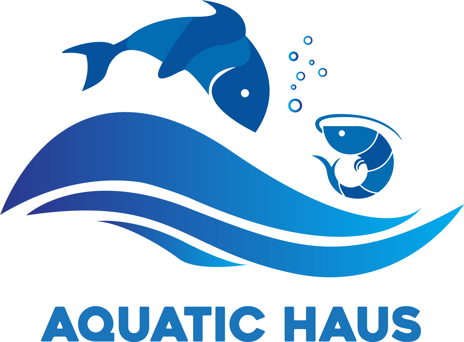 Aquatic Haus 標誌設計 壁紙 — 一個風格化的藍色標誌，兩條魚在波浪上下游動，帶有氣泡，背景為黑色。