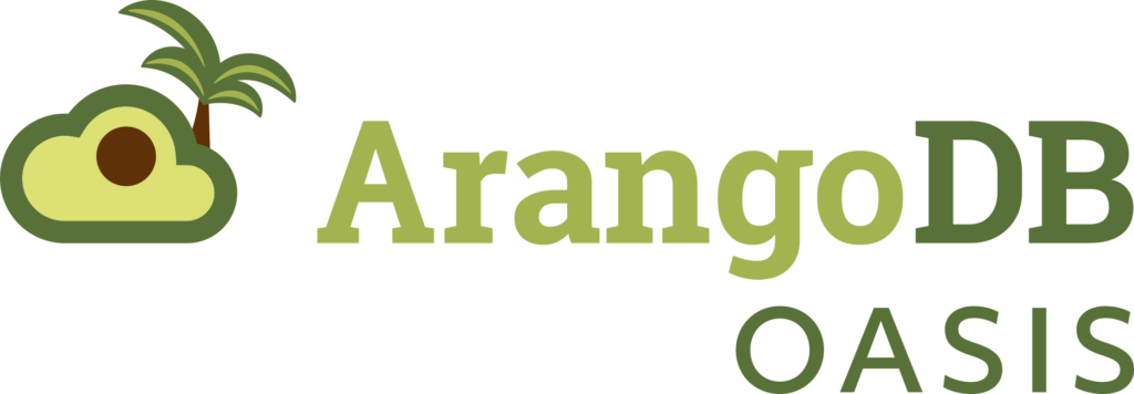 ArangoDB OASIS 標誌 壁紙 — ArangoDB Oasis 標誌，以綠色牛油果為特色，頂部有棕櫚樹，並配有粗體綠色文字。