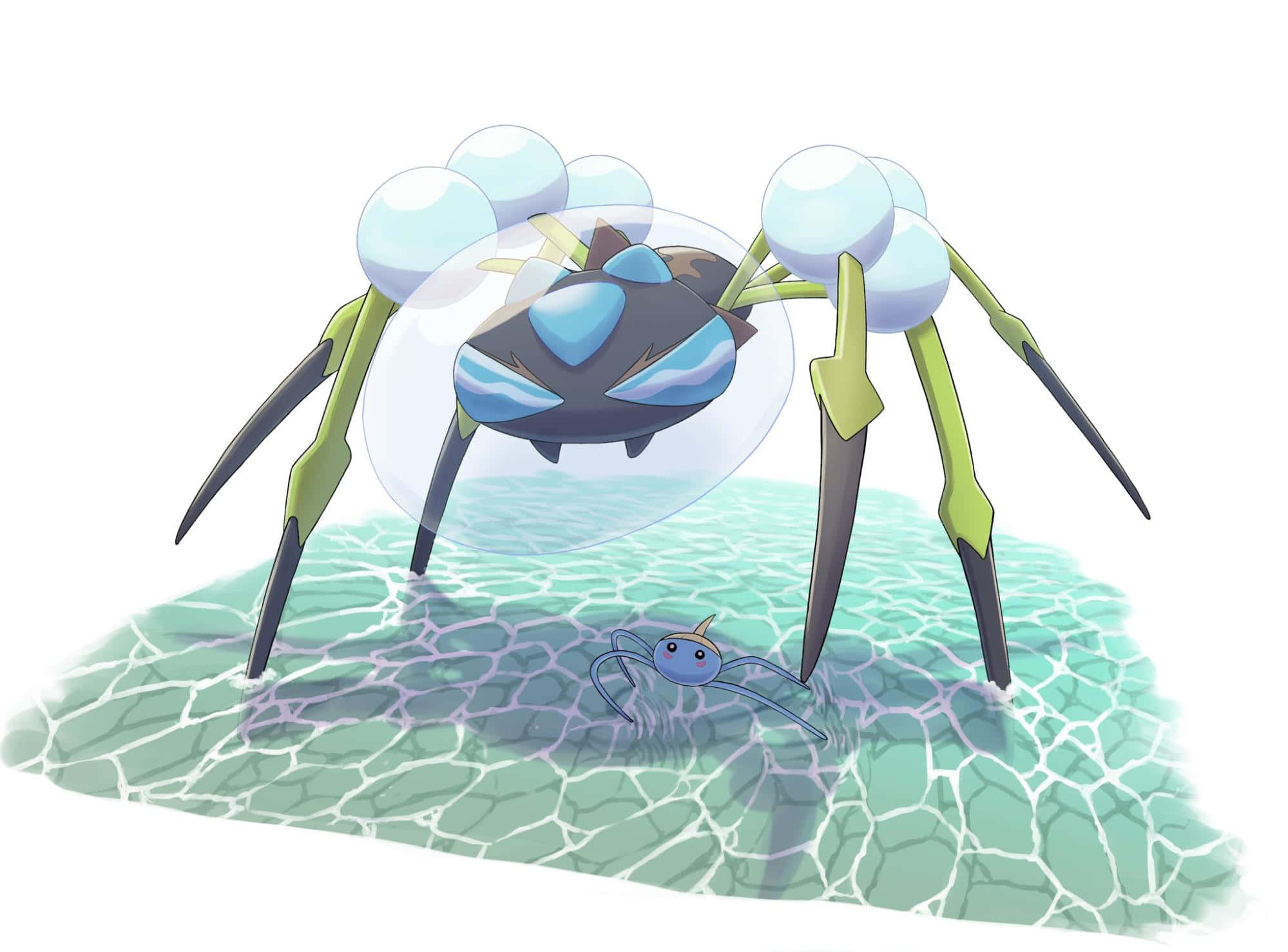 Araquanid 在海底 壁紙 — 一隻大型藍綠色蜘蛛狀嘅小精靈企喺淺水入面，揸住一個裝住細小精靈嘅泡泡。