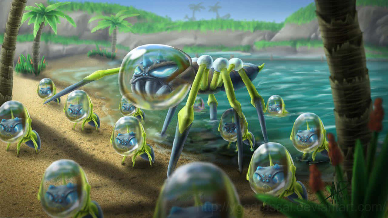 Araquanid 與幼年 Dewpiders 壁紙 — 一個外星蜘蛛生物家族，帶有玻璃圓頂和綠色肢體，聚集在熱帶海岸線附近。