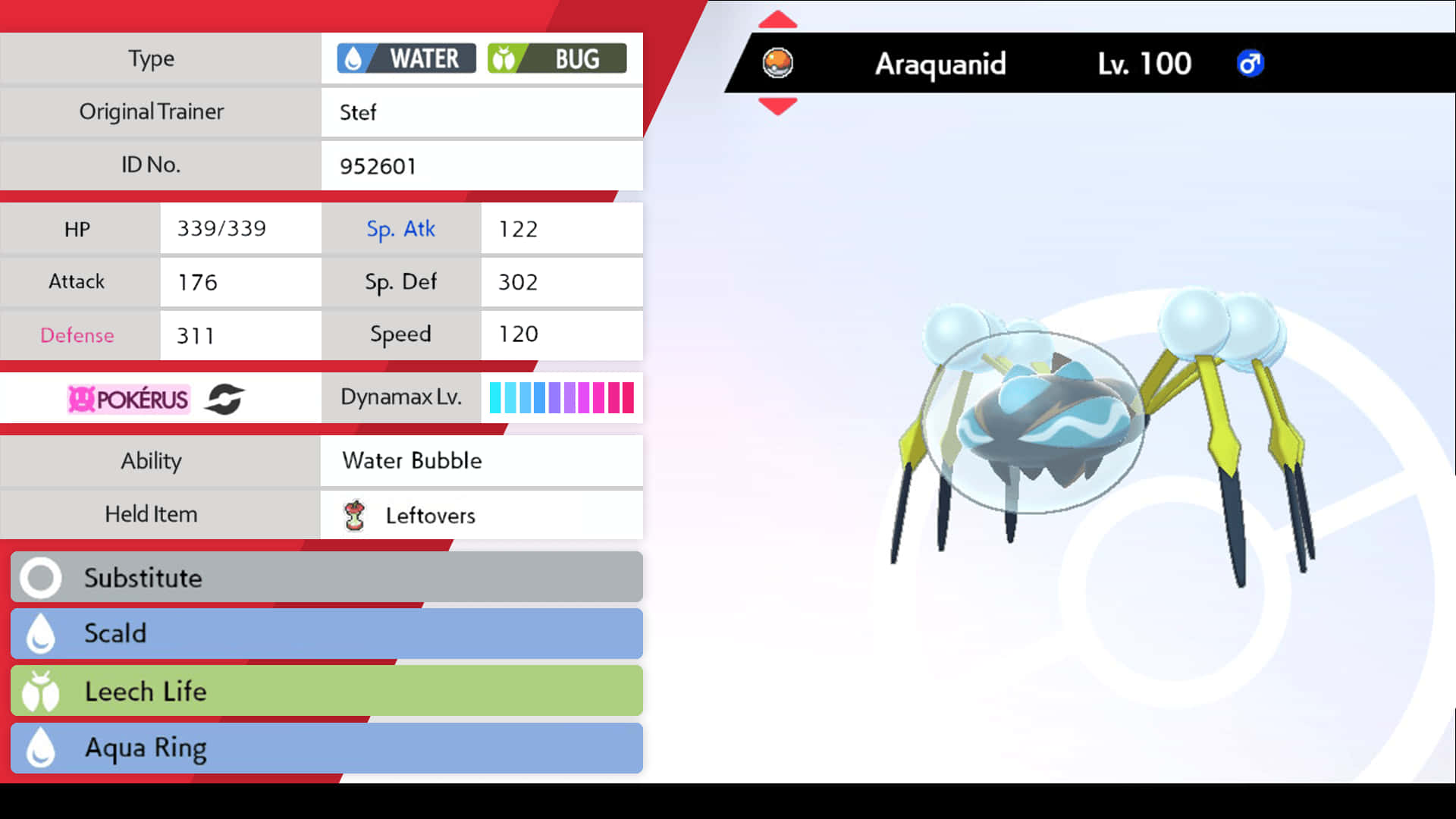 Araquanid 遊戲內藝術 壁紙 — Araquanid 寶可夢對戰畫面，顯示數值與招式組合，附有 PokéRus 及極巨化 Lv.100 狀態。