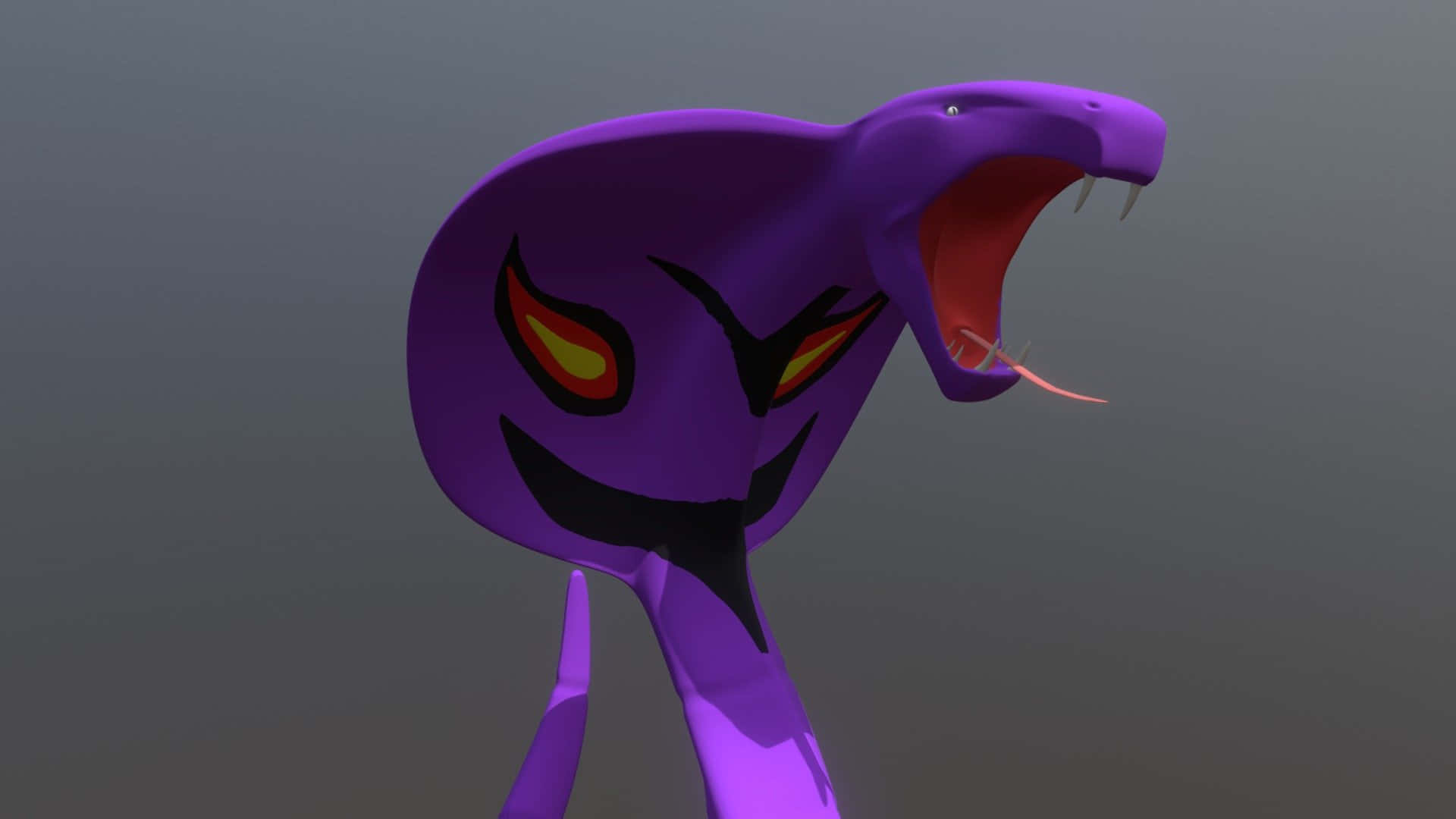 Arbok 在灰色背景上 壁紙 — 一條帶有發光橙色眼睛和張開嘴巴露出尖牙和舌頭的威脅性紫色眼鏡蛇。