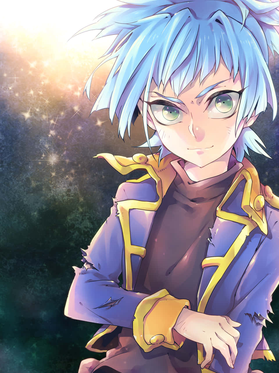 紫雲之素——來自《遊戲王ARC-V》嘅狡猾策略家 壁紙 — 一位藍髮綠眼戴眼鏡的動漫男孩，在閃爍的宇宙背景下自信地微笑。
