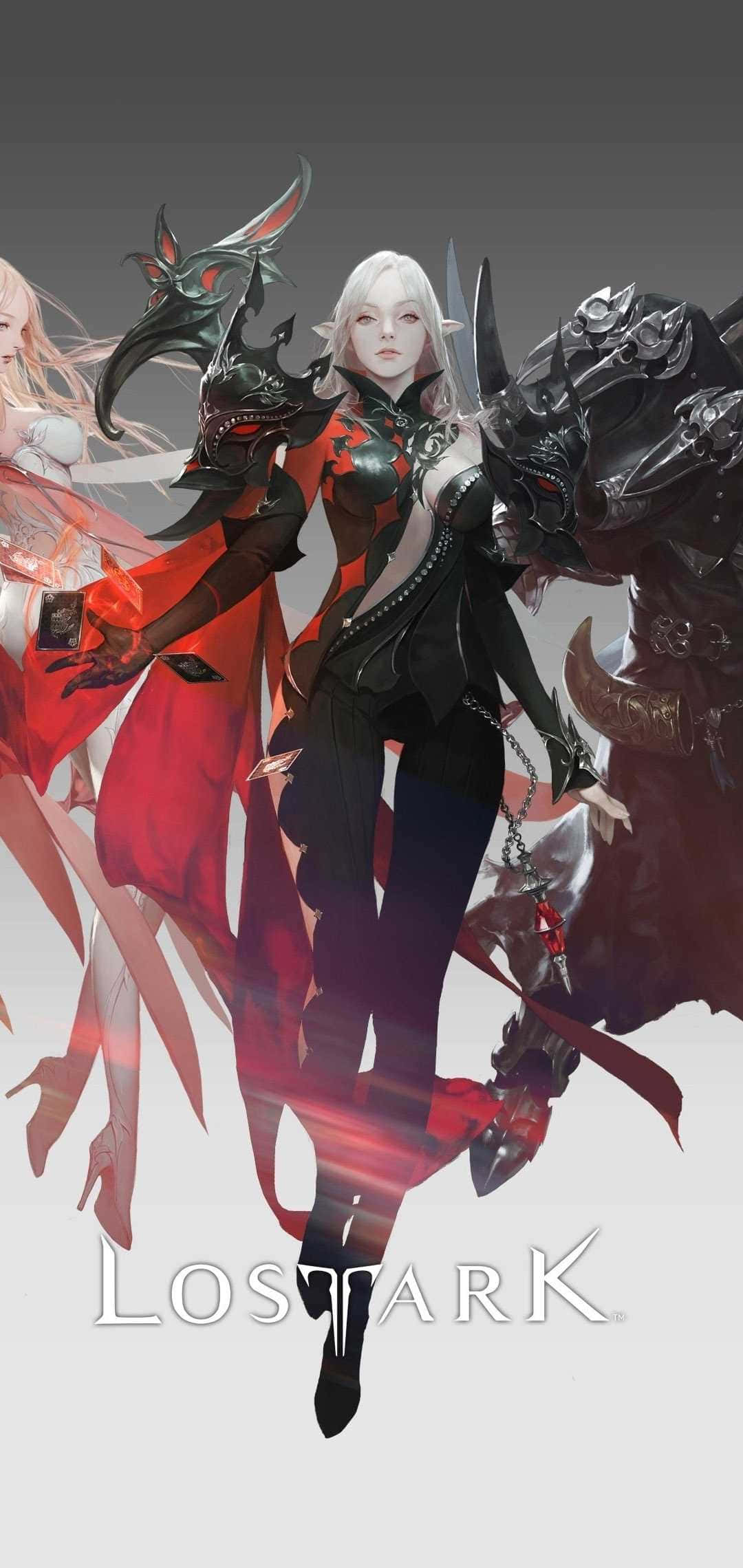 失落的方舟遊戲角色「Arcana」 壁紙 — 一位白髮、身穿華麗黑色鎧甲的奇幻戰士，身旁伴隨著發光的紅色能量和一匹惡魔戰馬，蓄勢待發。