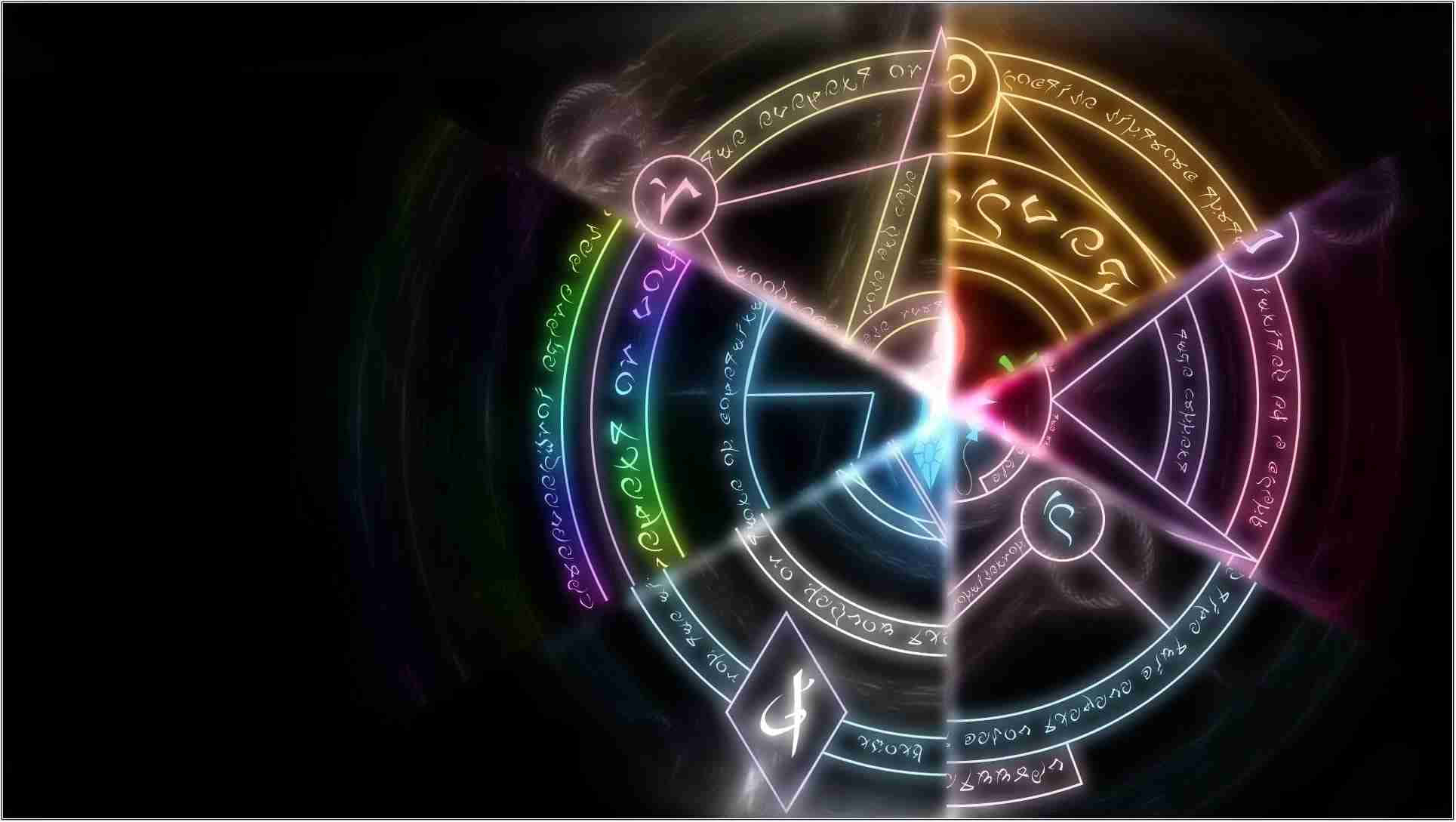 揭開《Arcane》世界的奧秘 壁紙 — 一個發光的神秘五角星，帶有彩虹符文，在黑暗背景下散發能量。