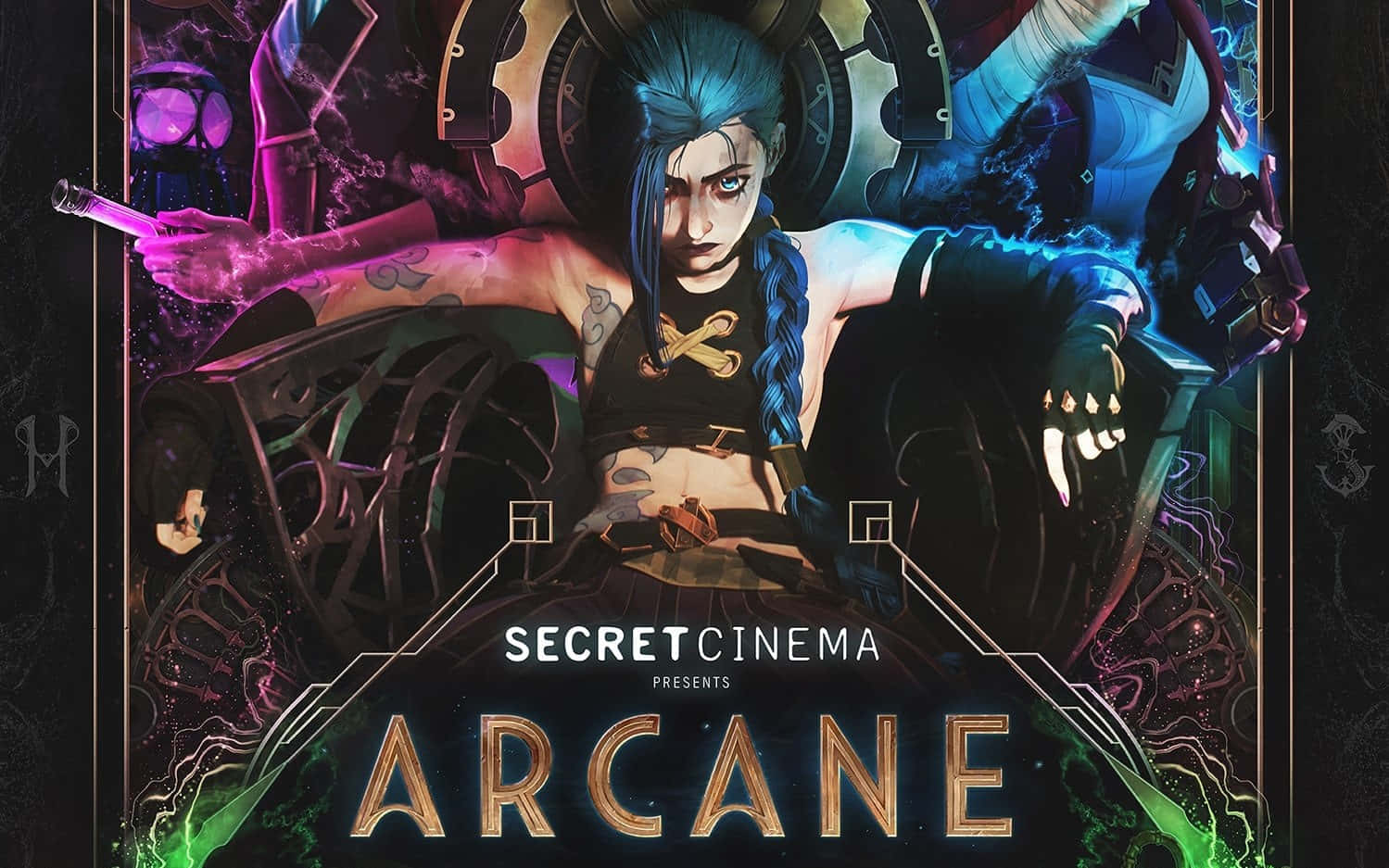 解鎖《Arcane》的古老力量，釋放無限可能 壁紙 — 一個兇猛的藍髮紋身動漫角色，在黑暗的未來設定中，手持發光武器，帶有霓虹能量效果。
