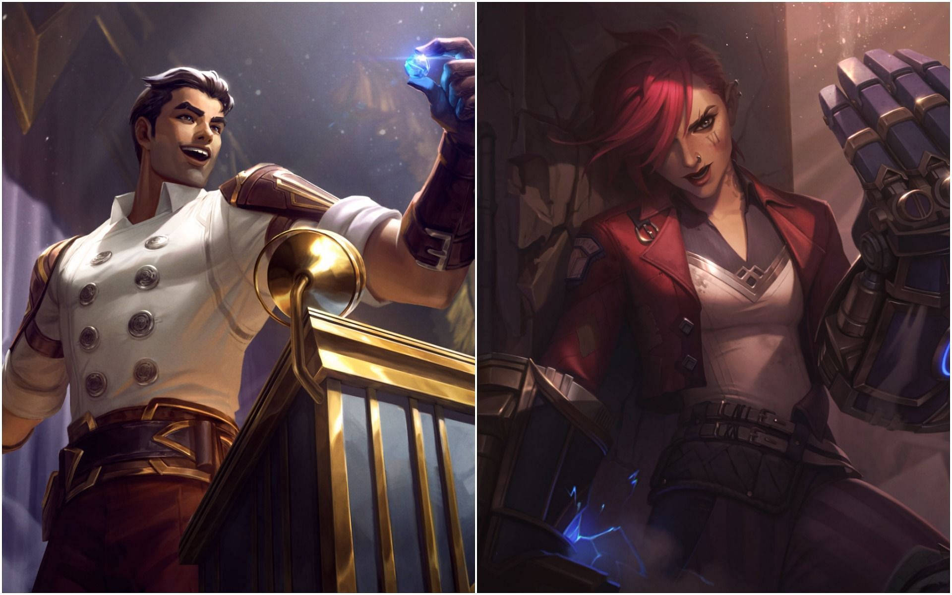 Arcane Jayce 與 Vi 壁紙 — 兩個動畫遊戲角色，一個穿白色制服、手持發光球體的男性，另一個穿紅色外套、戴機械手套的女性。