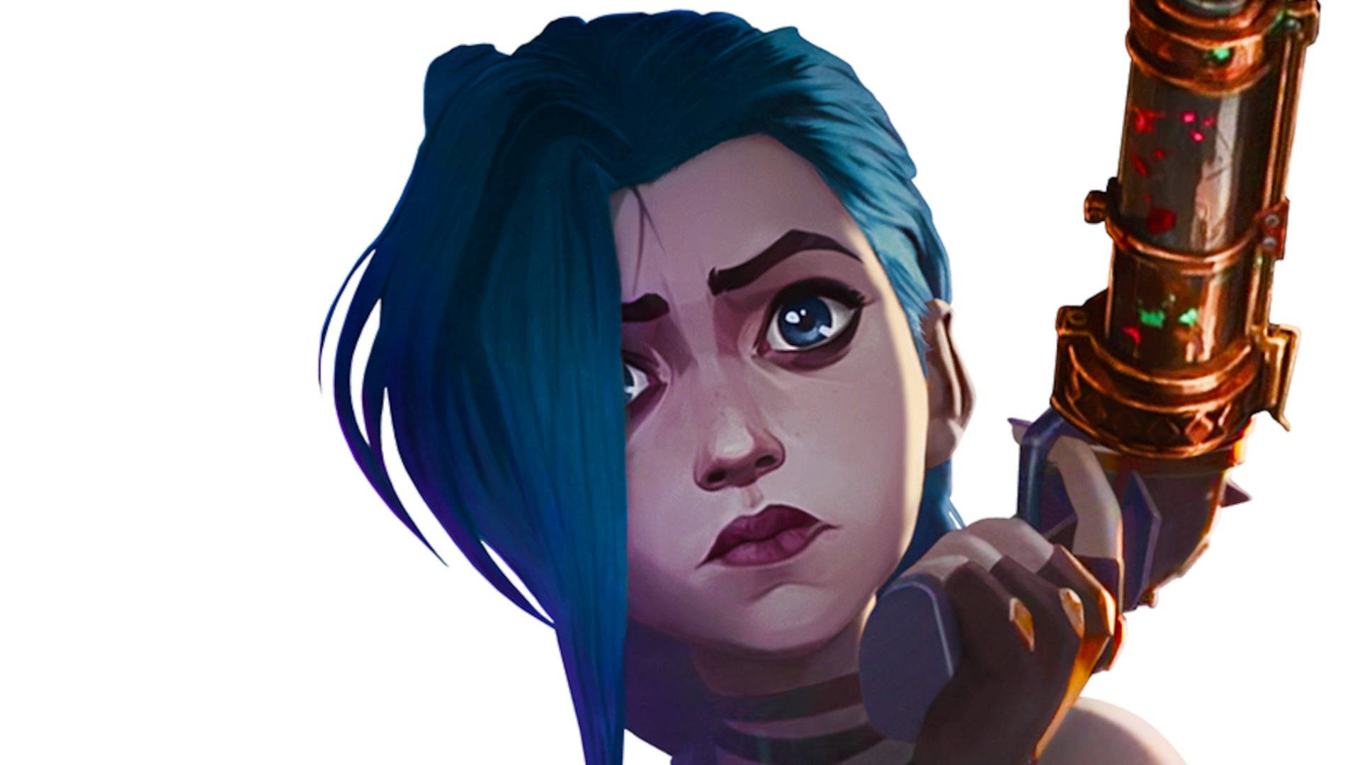 Arcane：Jinx 特寫 壁紙 — 一個風格化的動漫女孩，藍色頭髮，眼神銳利，手持發光的華麗武器，背景是純白色。