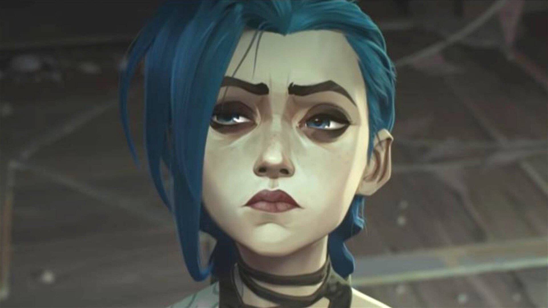Arcane：Jinx 不屑一顧 壁紙 — 藍髮動漫角色的特寫，表情陰沉，眼睛深邃。