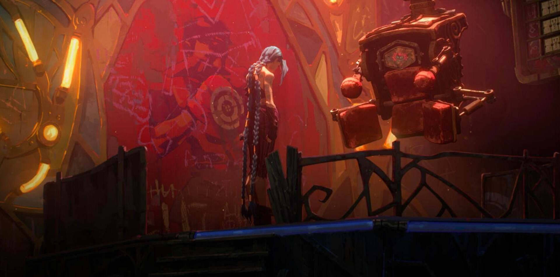 Arcane Jinx 場景 壁紙 — 一個孤獨的動漫女孩紮著辮子，站在一個平台上，旁邊是一個漂浮的紅色機械人，背景是昏暗、霓虹燈照亮的工業廢墟。