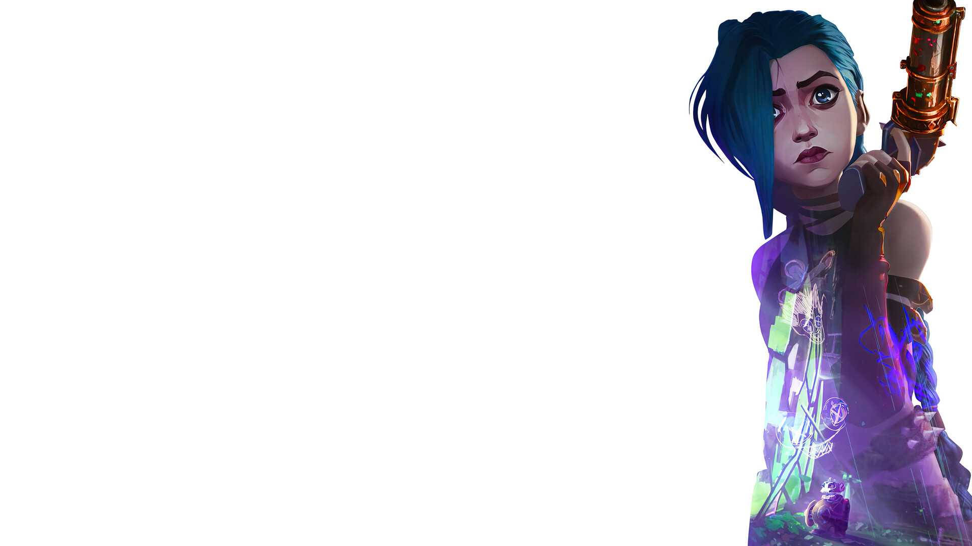 Arcane：Jinx 持槍 壁紙 — 一個風格化的動漫女孩，藍色頭髮，在純白背景下手持發光武器。