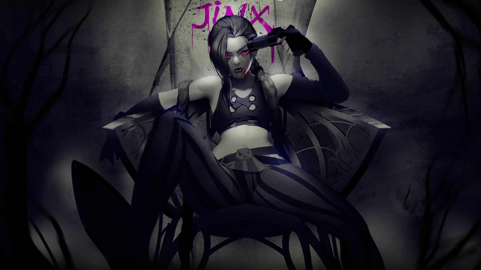 動漫角色 Jinx 坐在一個黑暗、佈滿塗鴉的房間裏的王座上。