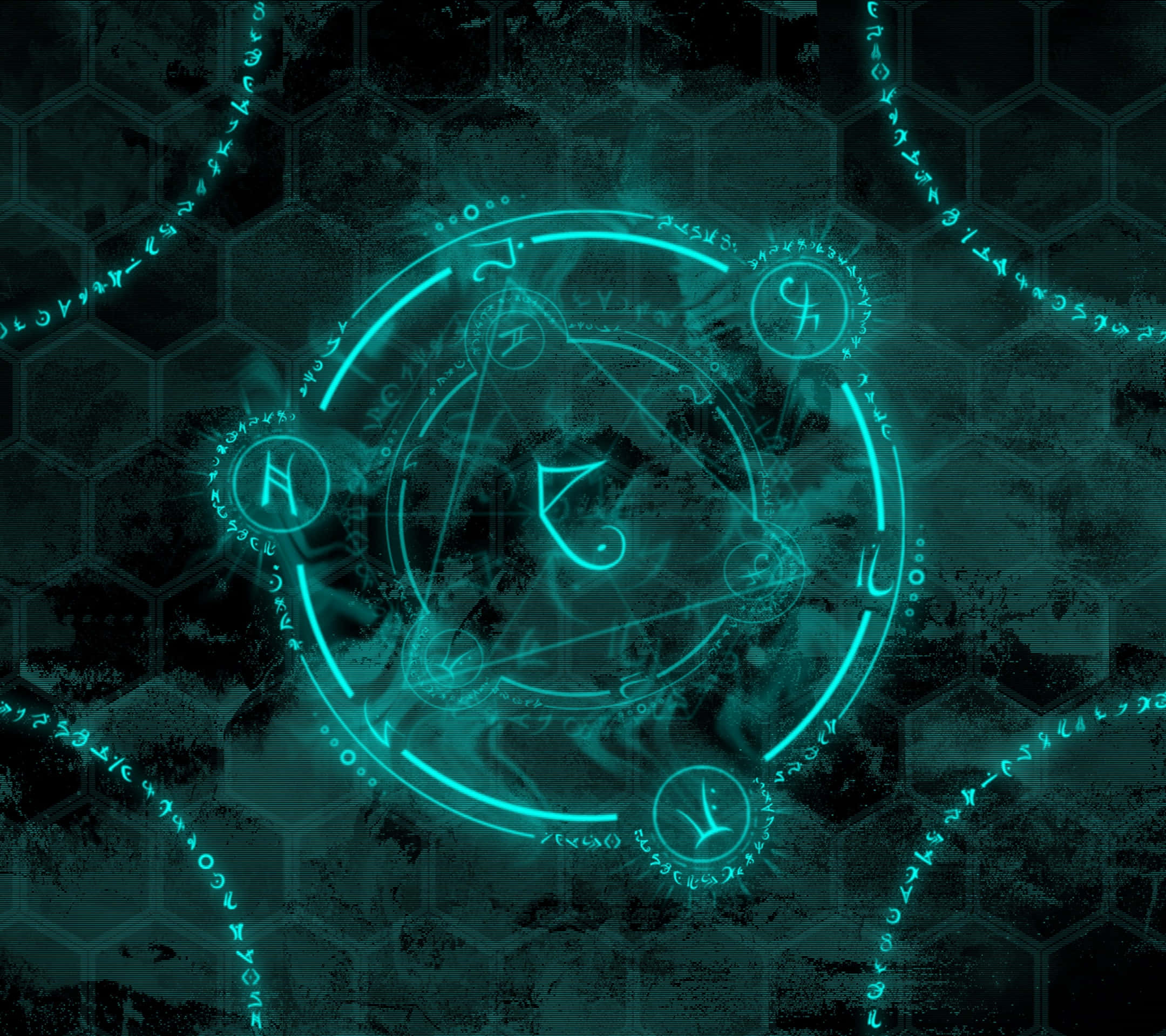 以Arcane揭開魔法世界的秘密 壁紙 — 一個發光的青綠色神秘圓圈，帶有符文和符號，在深色六邊形網格背景上散發能量。