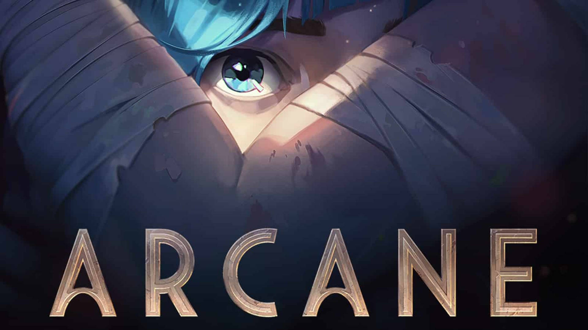 Arcane 海報 Powder 壁紙 — 藍髮動漫角色眼睛的特寫，透過撕裂的布料窺視，下方有 arcane 字樣。