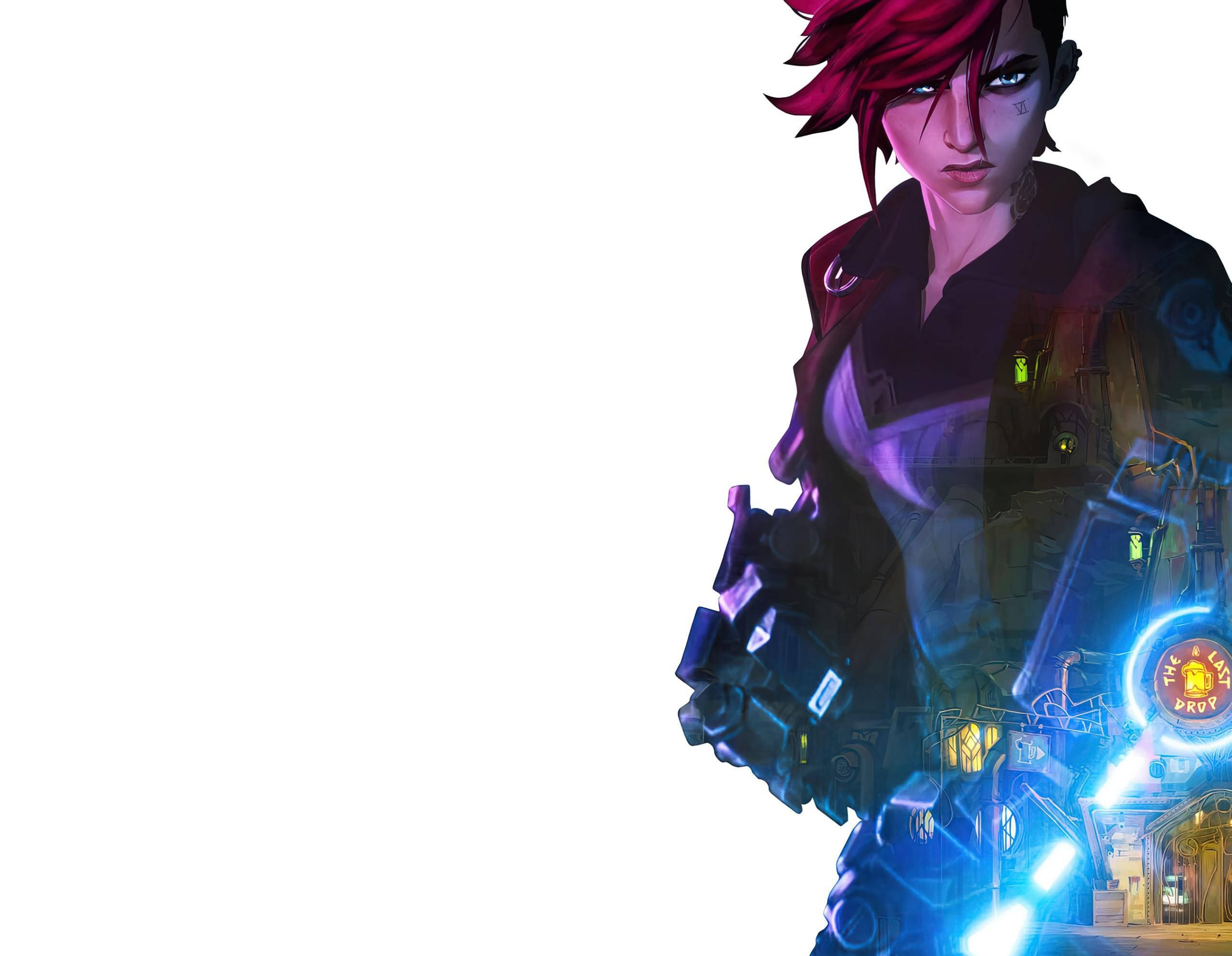 Arcane Vi 與 The Last Drop 壁紙 — 一個兇猛的紅髮動漫角色穿著暗色裝備，在霓虹燈照亮的未來城市背景下手持發光的藍色武器。