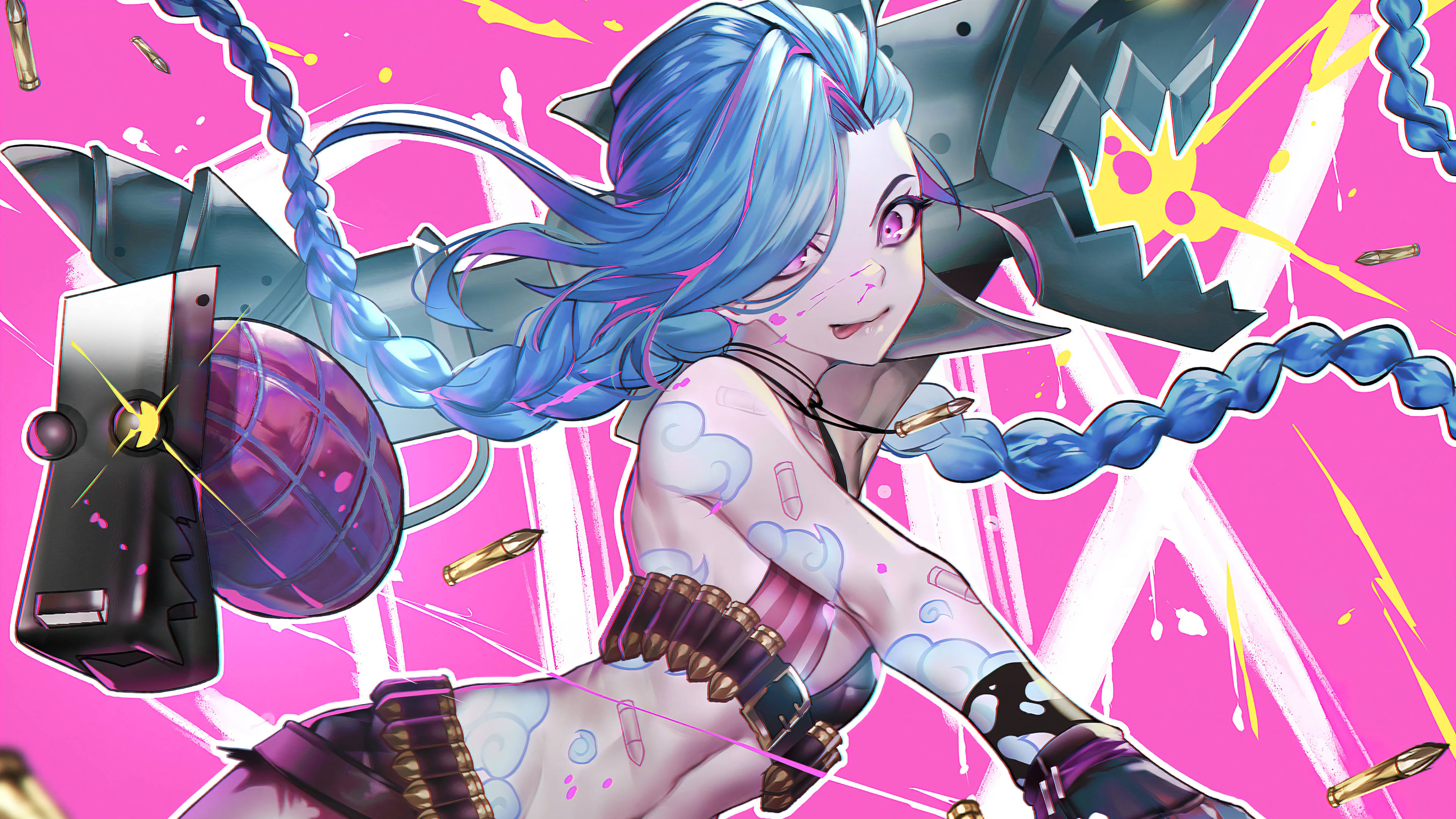 《Arcane》中的Jinx拋擲手榴彈 壁紙 — 一位藍髮紫眼的動漫女孩，在充滿活力的粉紅色爆炸背景中揮舞著未來武器。
