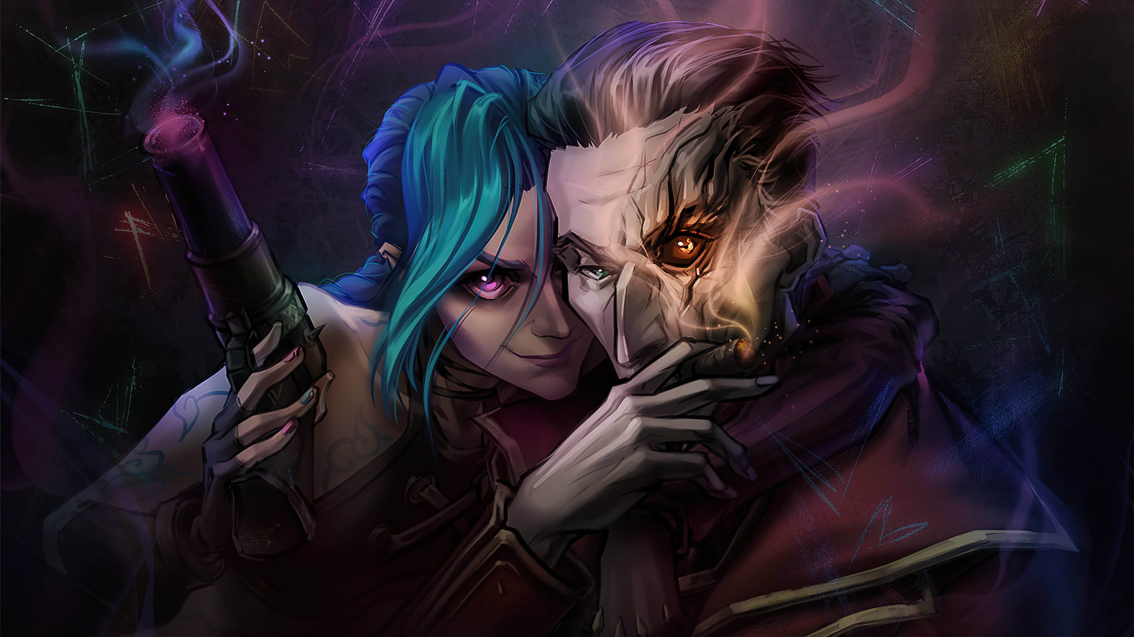 《Arcane》中的Jinx與Silco父女 壁紙 — 一幅數碼藝術插圖，描繪兩個動漫角色擁抱，其中一個手持冒煙手槍，背景是黑暗的宇宙。