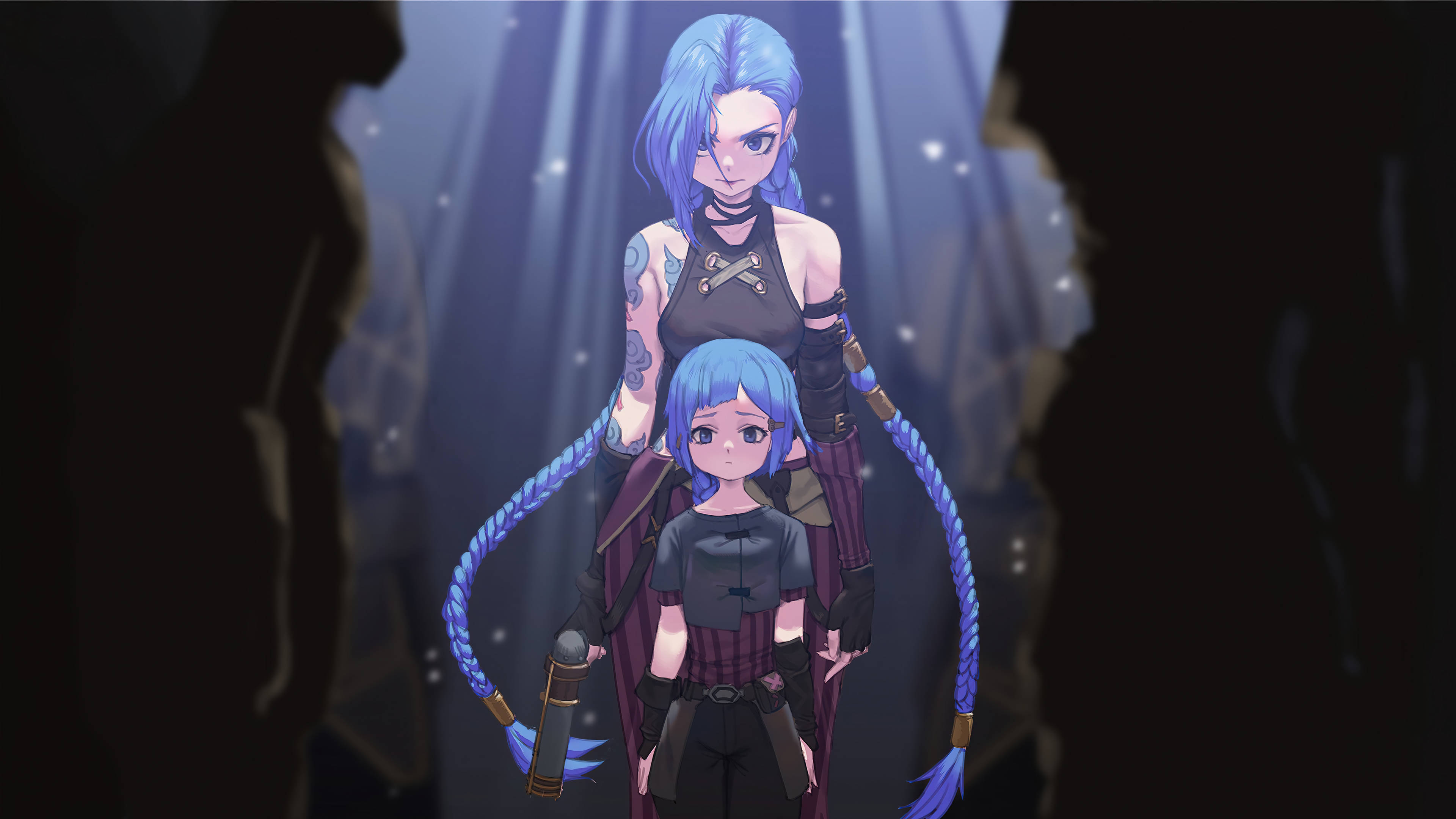 《Arcane》中的Jinx與年輕時的自己 壁紙 — 兩個藍色頭髮的動漫角色站在一個黑暗的洞穴中，洞穴被發光的射線和漂浮的粒子照亮。