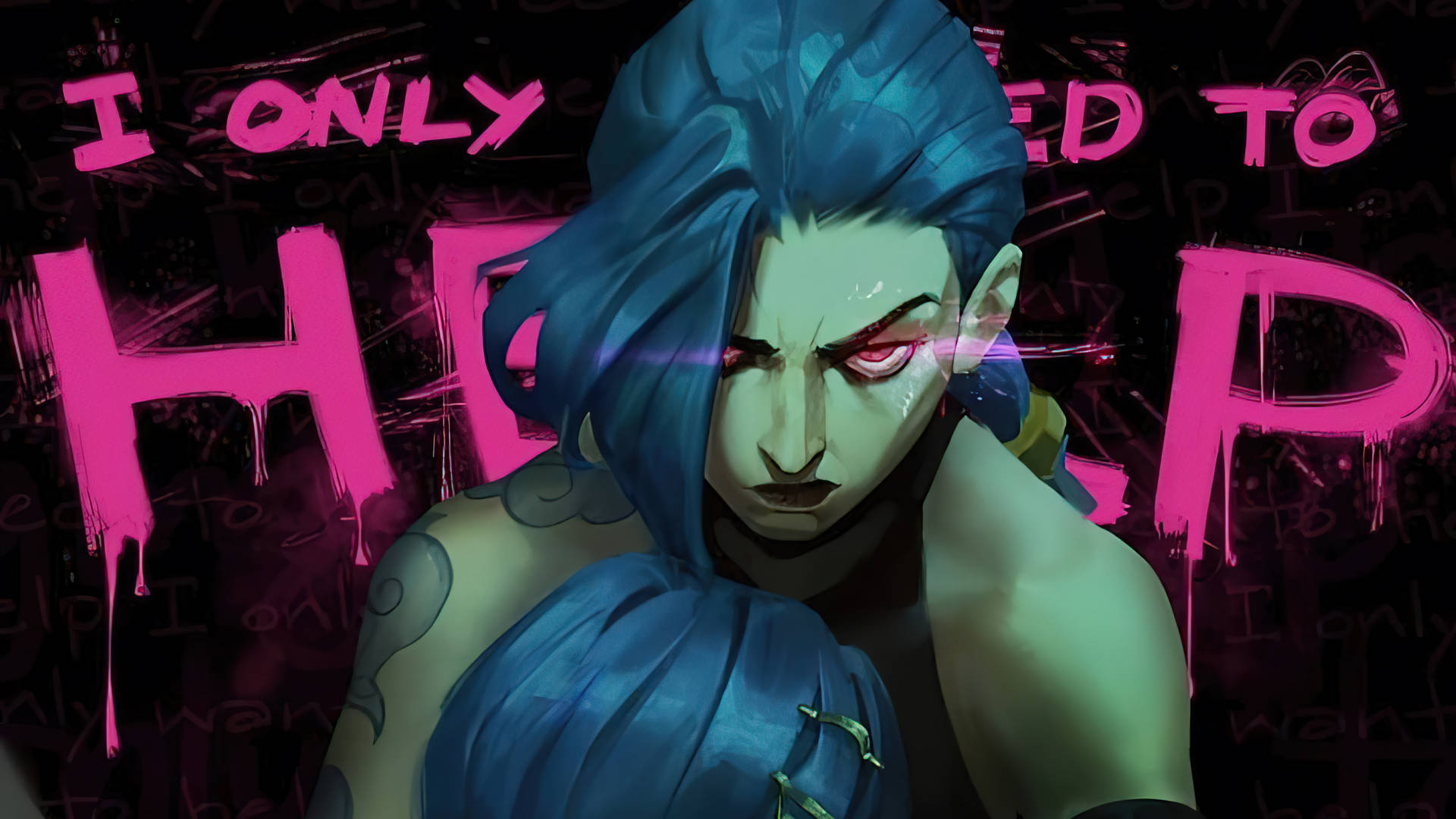 《Arcane》中的Jinx電光火石狂眼 壁紙 — 一個藍色頭髮、紅色眼睛發光的兇猛動漫角色，在滴著粉紅色文字的黑暗背景前強烈凝視。