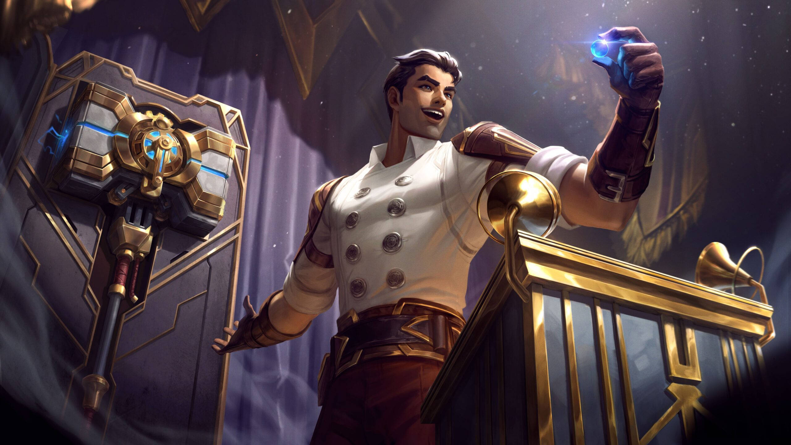 Arcane：傑斯的赫克科技裝甲 壁紙 — 一個自信的動畫英雄穿著白色和金色盔甲，在陽台上站在未來風格的錘子旁邊，手持發光的藍色球體。