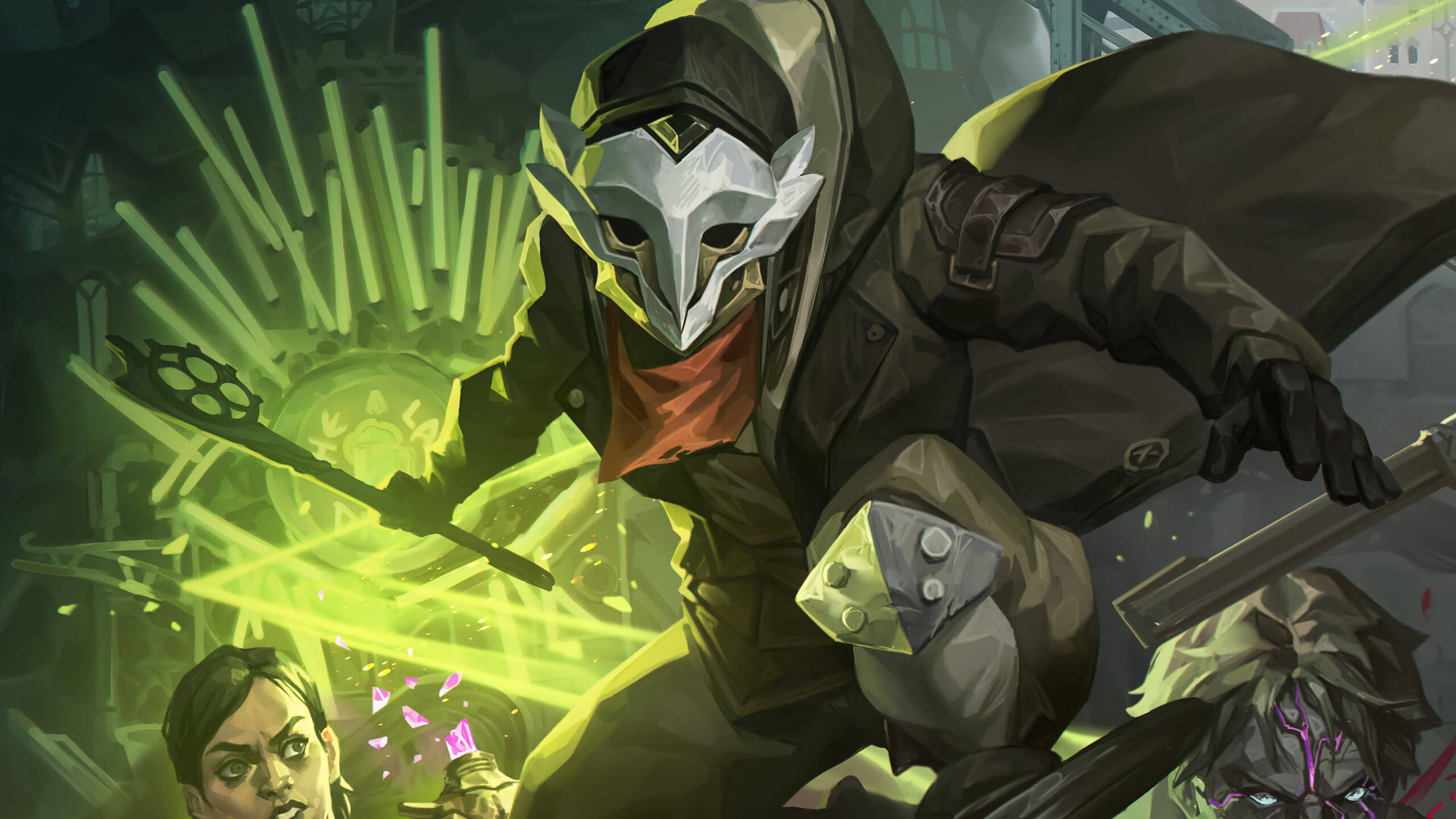 Arcane：火光隊長 艾柯 壁紙 — 一名戴著面具的戰士身穿黑色裝備，在混亂的戰鬥場景中與盟友一起揮舞著發光的綠色能量武器。