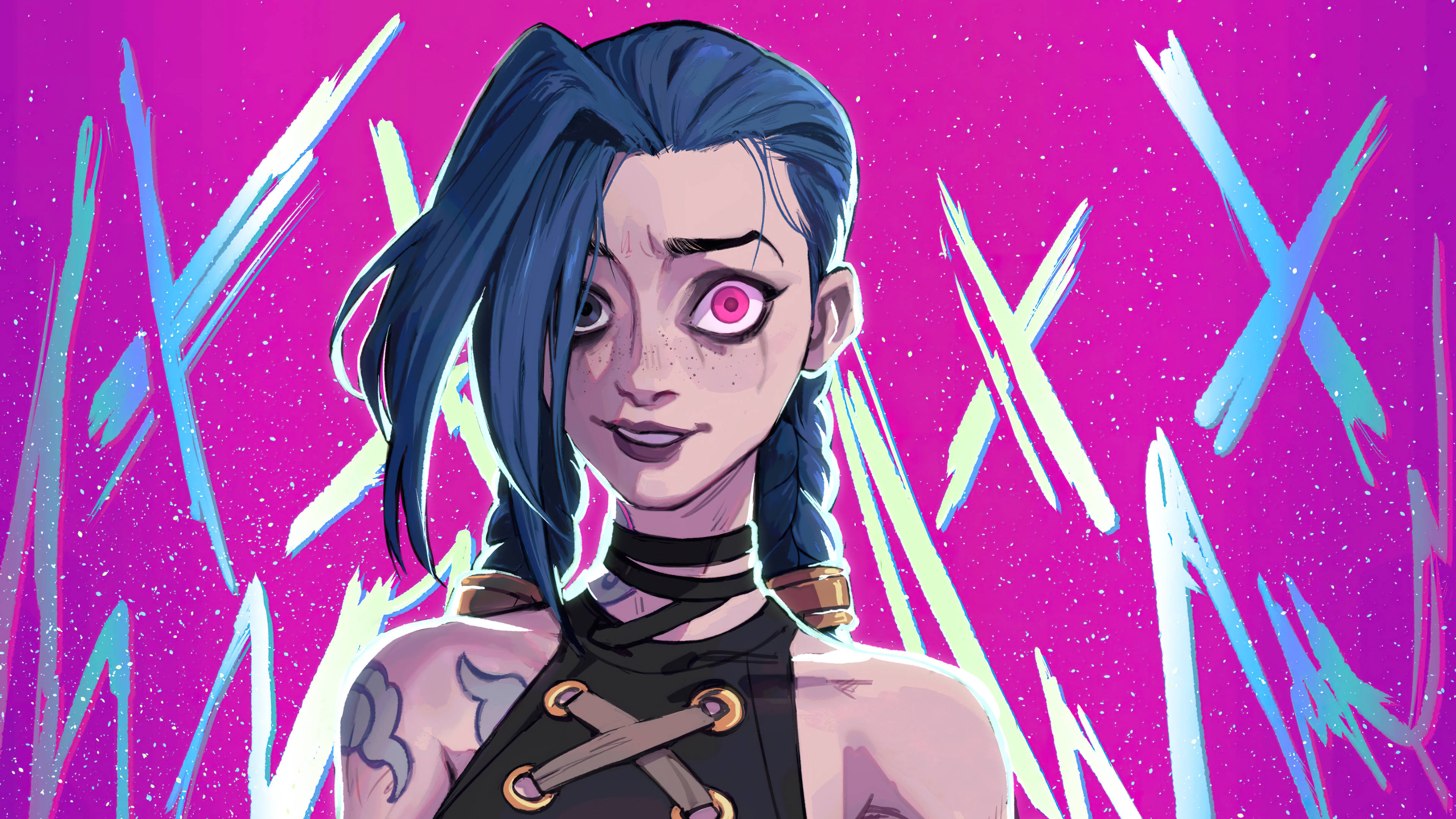 《Arcane》Jinx X 記號背景 壁紙 — 一個風格化的動漫女孩，藍色頭髮和一隻粉紅色的眼睛，站在充滿活力的粉紅色背景前，帶有發光的藍色條紋。