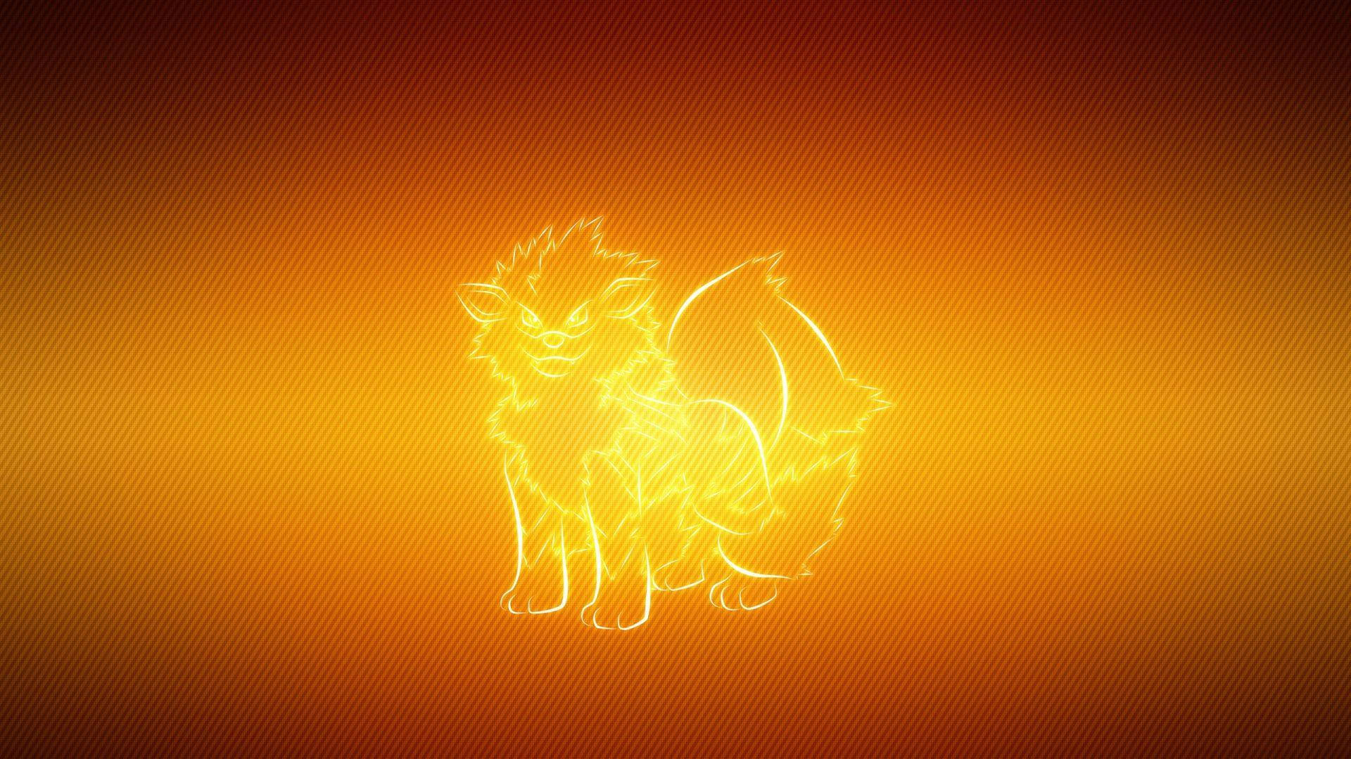 Arcanine發光輪廓 壁紙 — 一個發光嘅霓虹狐狸形狀嘅生物輪廓，企喺有斜紋嘅暖色漸變背景前面。