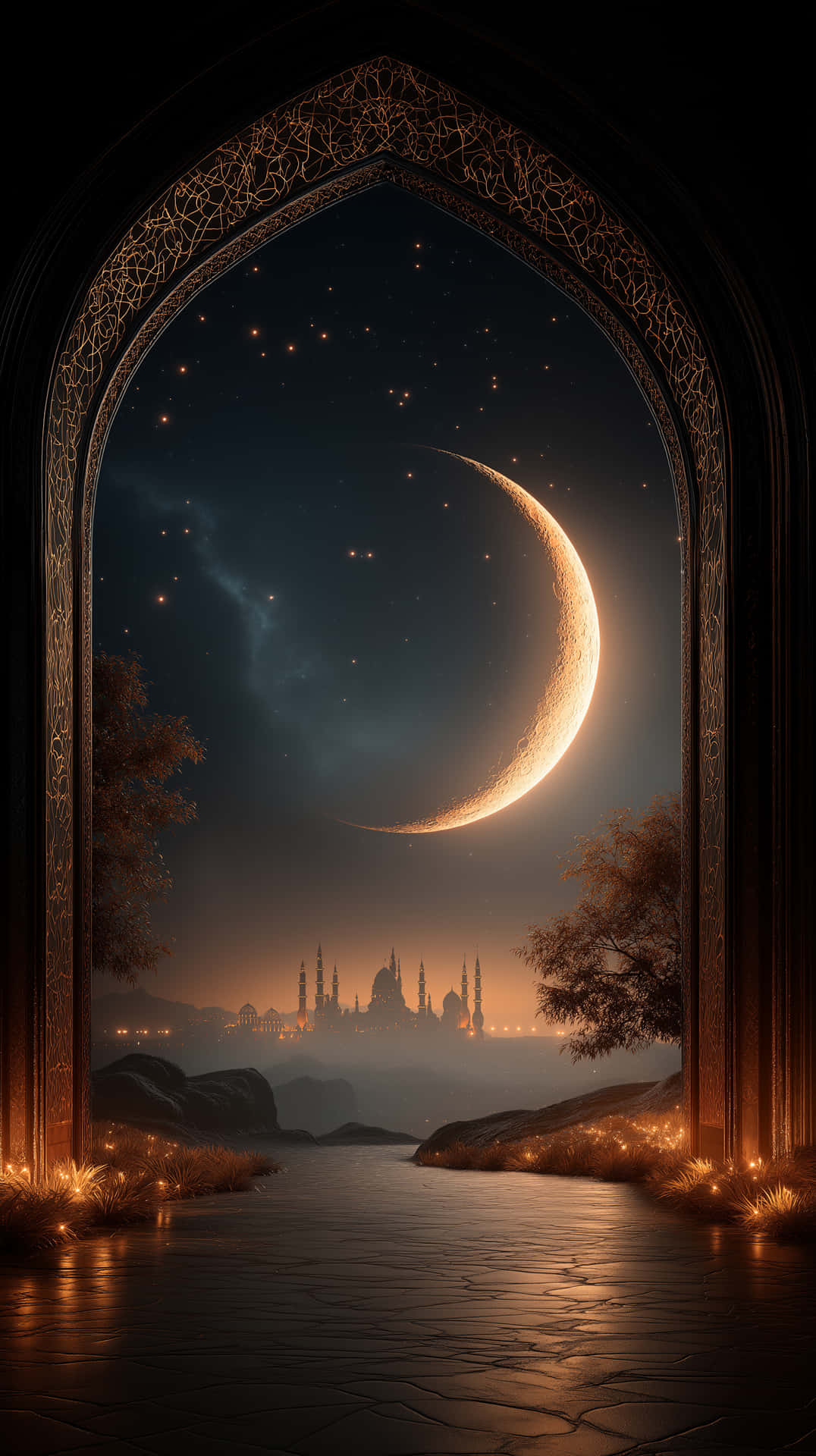 一條石徑穿過拱形門口，通往清真寺，上方有彎月和星星。