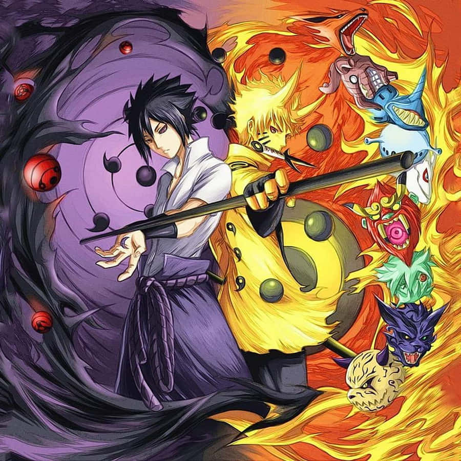 「Arcs篇：老佐助對抗宇智波一族」 壁紙 — 兩位動漫戰士交鋒——一位身穿紫色、帶有黑暗查克拉，另一位身穿黃色、帶有火焰九尾狐。
