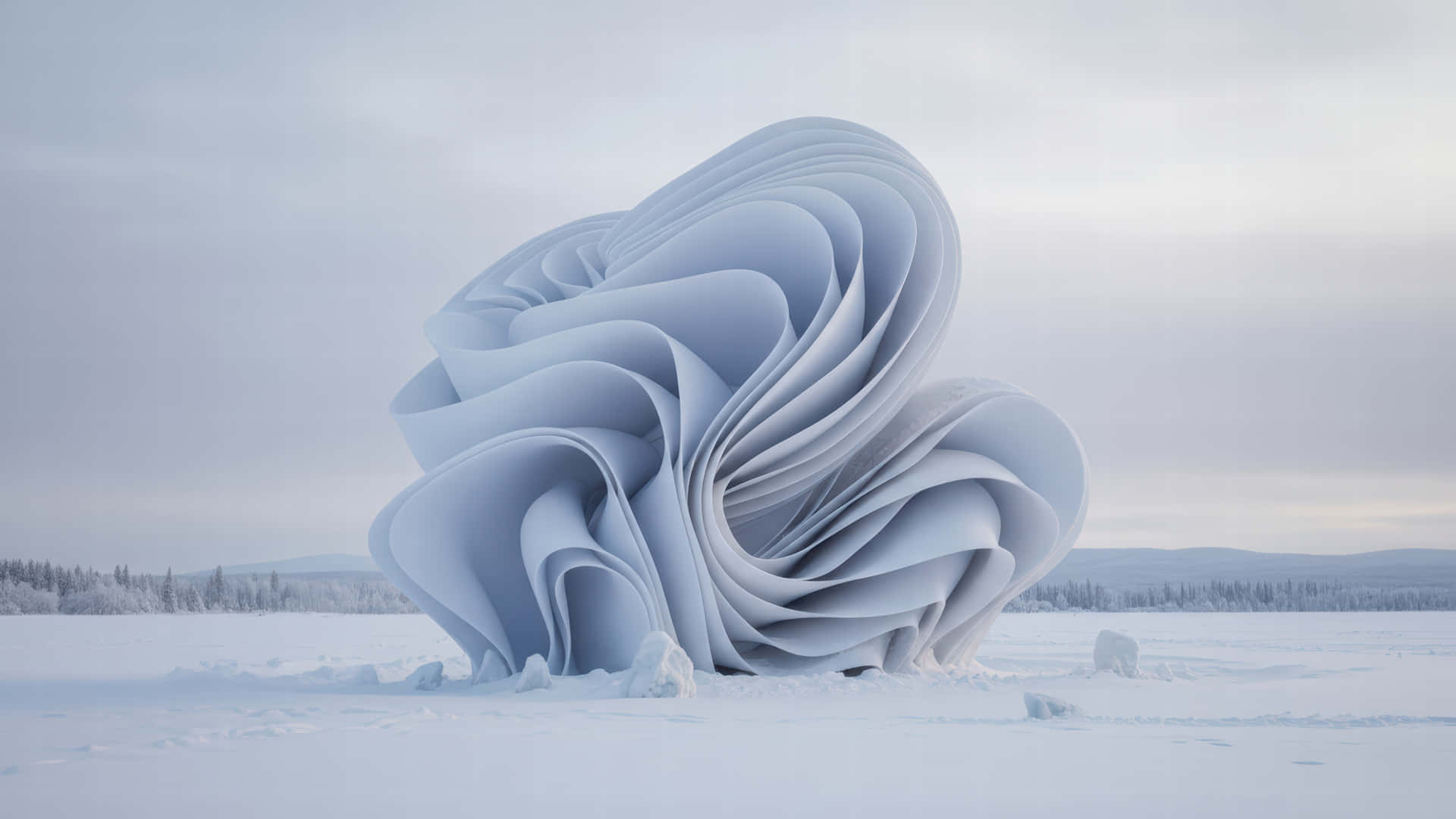雪地冬季景觀中的大型抽象白色雕塑