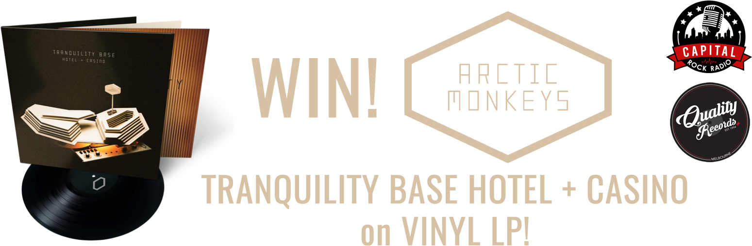 Arctic Monkeys黑膠唱片比賽 壁紙 — Arctic Monkeys 專輯《Tranquility Base Hotel + Casino》的宣傳圖像，黑底上帶有黑膠唱片藝術品和標誌。