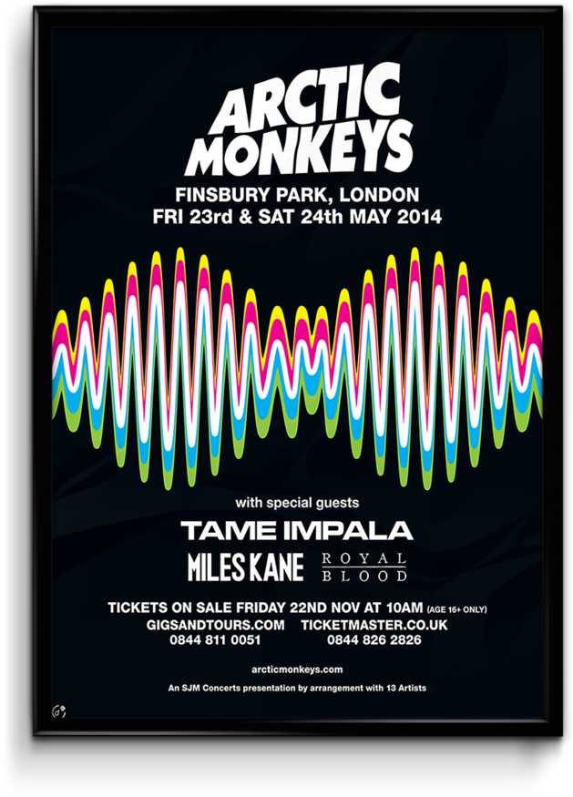 Arctic Monkeys 2014 年芬斯伯里公園演唱會 壁紙 — 用於 Arctic Monkeys 演唱會海報的黑色背景上充滿活力的多色聲波圖形。