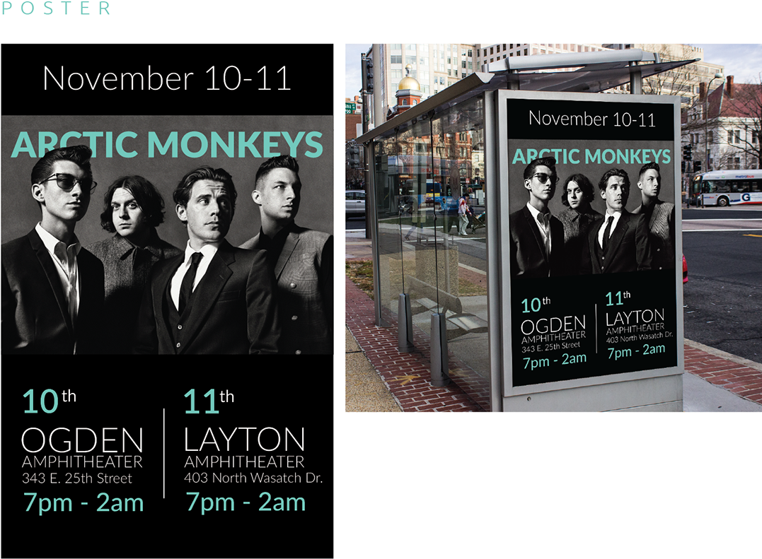 Arctic Monkeys 演唱會海報 壁紙 — 一張北極潑猴音樂會的黑白海報豎立在城市街道的玻璃巴士站內，背景有建築物和巴士。